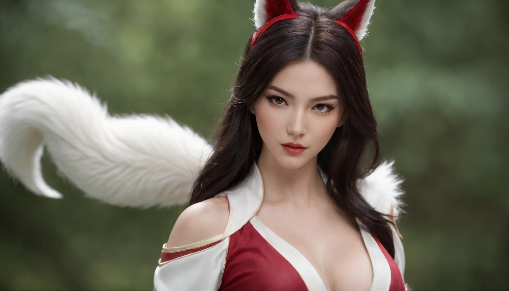 Ahri de League of Legends, corpo todo, perfect hands, cabelos pretos e longos, nine white fox tails at the height of the tailbone, orelhas de raposa pretas, roupa de samurai vermelha, papel de parede, fundo em Iona, rosto sexy oriental