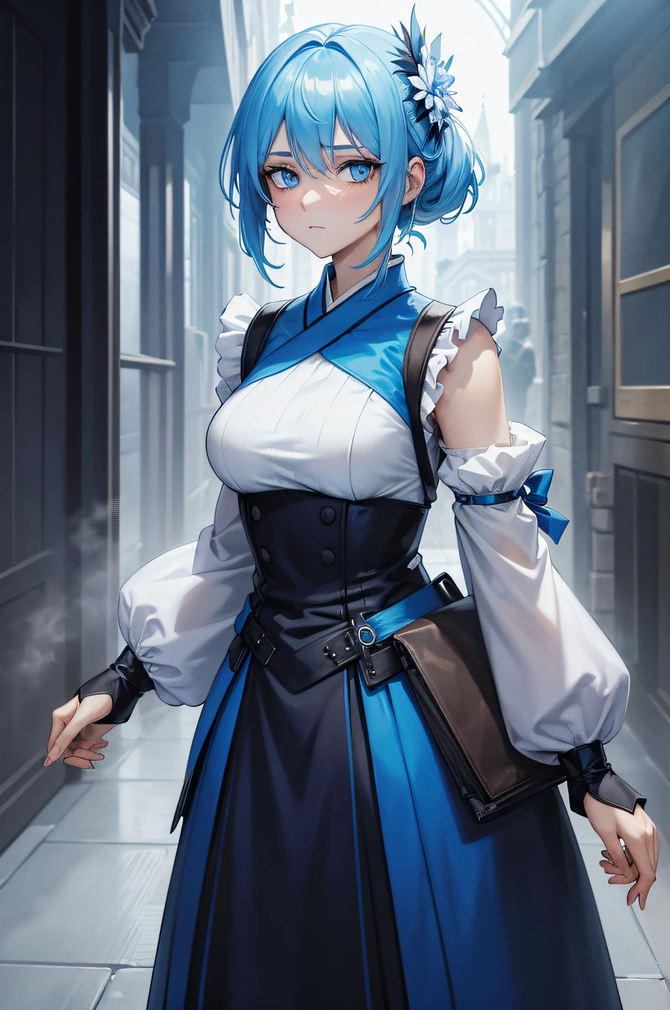 Blau-lila Stil, Ich schaue dich an, Gute Augen, Unordentliches Haar, Gebrochenes Haar, Lange Haare, Ritterlichkeit, Very nice digital cyberpunk artwork, male focus, stattlich, Heldenhaft und frech, Handsome man, He wears a blue and white kimono, langes Schwert auf der Schulter, Ritterlicher Stil, Hochwertige Detaildarstellung, verschwommener Hintergrund und weiches Licht setzen sich ab, Shooting on the middle side, Mittlere Seitenperspektive, Musterdekorationen und Accessoires, Gebrochene Blumen und fliegende Blumen, Dichter Nebel umgeben, Light and shadow changes extremely exquisite. 4k-Hintergrundbild im Anime-Stil.
