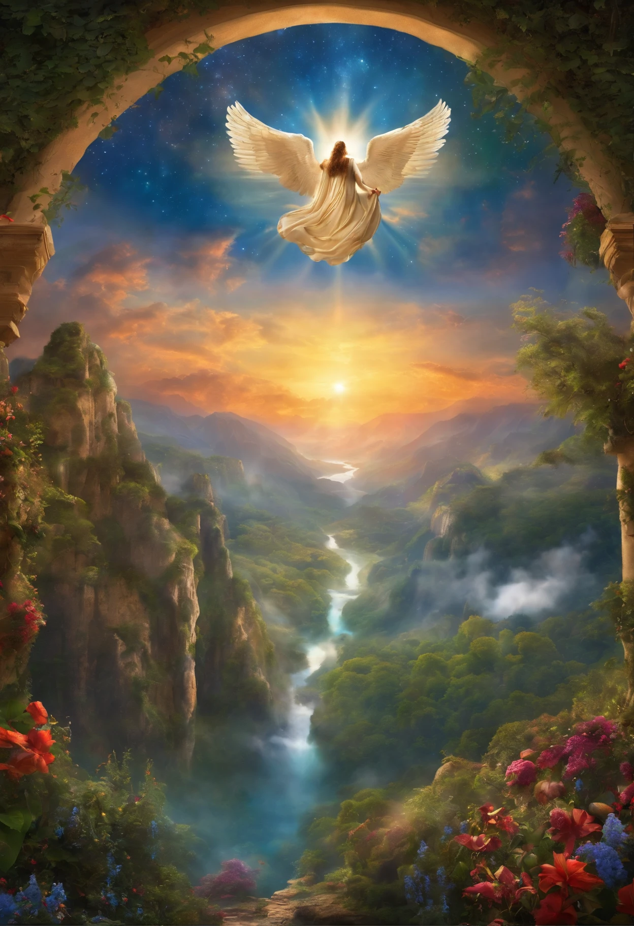 celestial kingdom with flying angels and fellowship in paradise, where the redeemed enjoy the presence of God after repentance