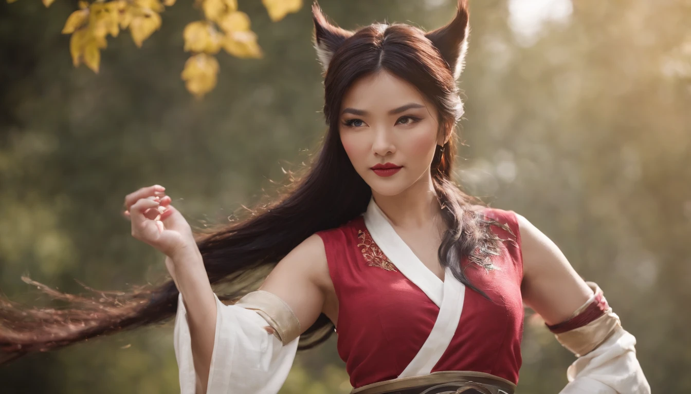 Ahri de League of Legends, corpo todo, perfect hands, cabelos pretos e longos, nove caudas de raposa branca na a cima da bunda, orelhas de raposa pretas, roupa de samurai vermelha, papel de parede, fundo em Iona, rosto sexy oriental