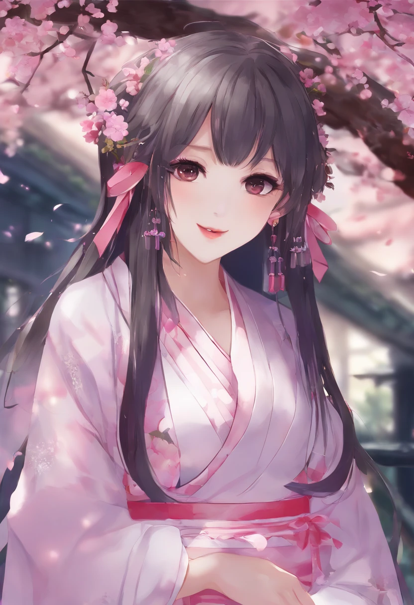 1girll, (Ulzzang-6500:0.7), Kpop idol, Yae Miko, Detached sleeves, Bare shoulders, Pink hair, Long hair, Japanese clothes, Best quality, (Painting:1.5), (hair adornments:1.35), jewelry, Purple eyes, Earrings, Breasts, Torii, Cherry blossoms, Lantern light, Depth of field, Detailed face, Face focus, ribbon_Trim, (view the viewer:1.25), nontraditional miko, Shiny skin, Long sleeves, Smile, Thick lips, Game CG, hands on lips, east asian architecture, (The background is blurred out:1.2), Sitting, Upper body,