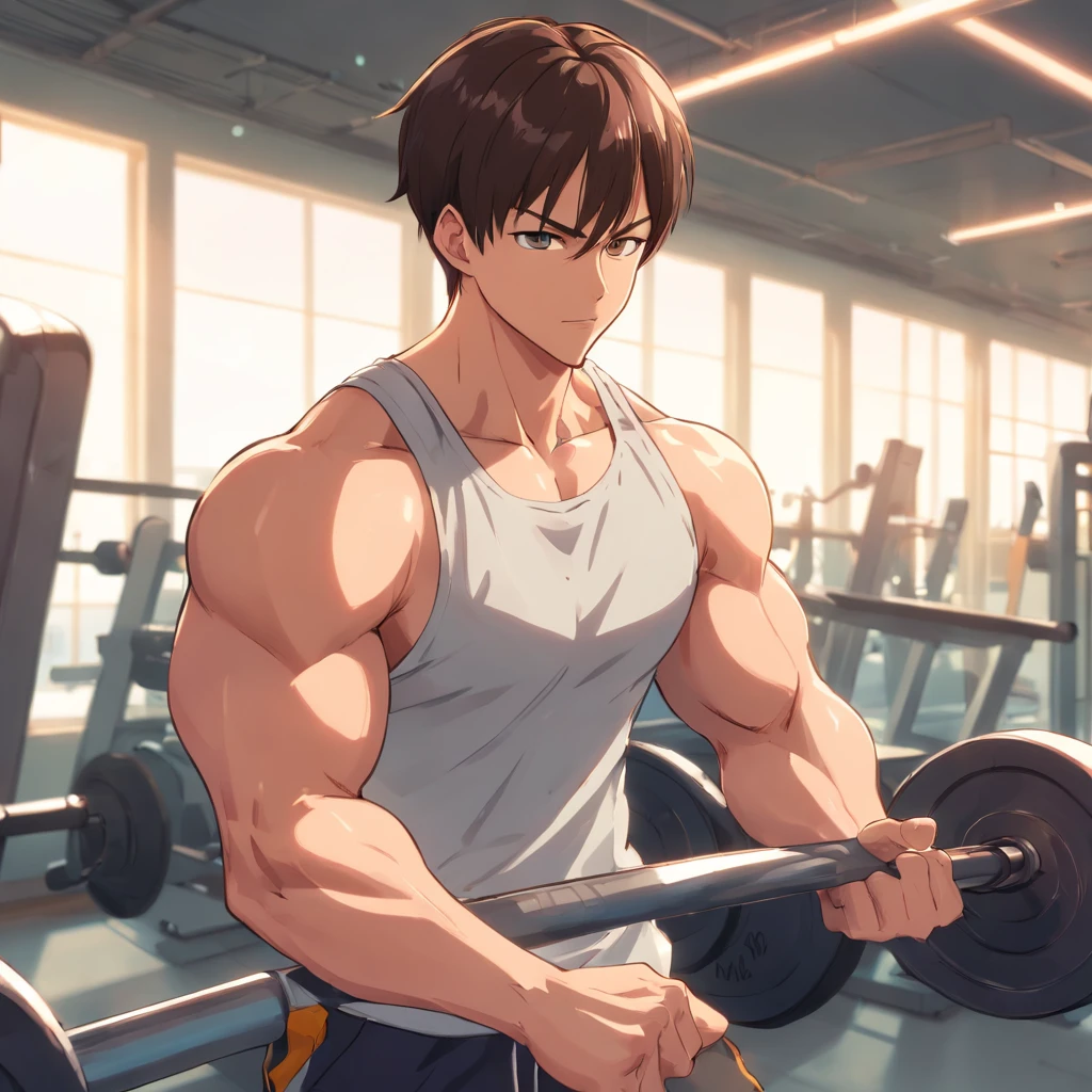 Saitama ((careca)), Um homem de soco, masculino, Working out intensely in a bodybuilding gym, Well-defined and detailed muscles,
