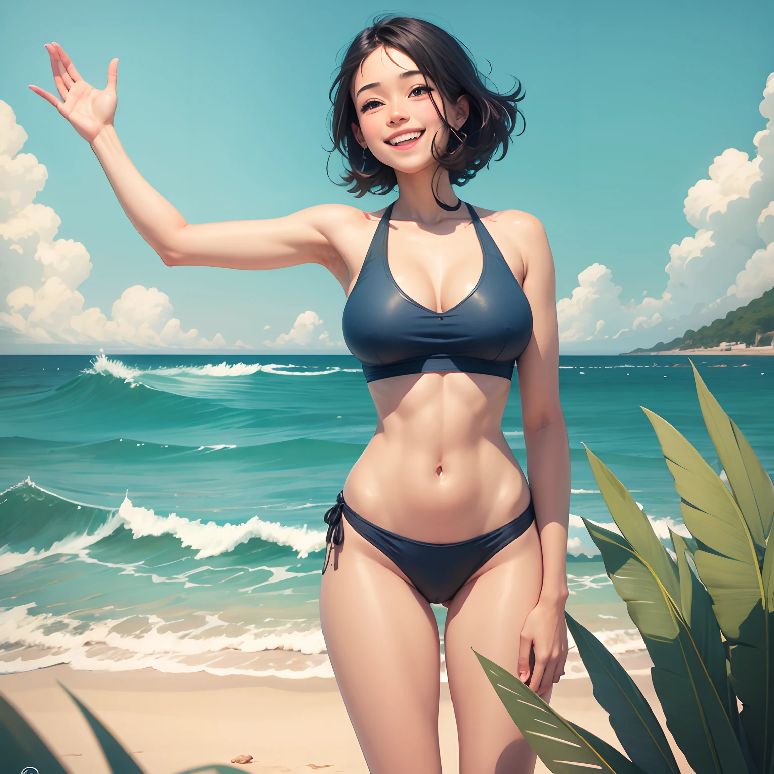 ((Young Woman::0.8)) ((Cheerful::0.7)) ((Wearing a colorful summer swimsuit::0.6)) ((Wave and smile::0.9)) ((Blue sea and white sandy beach background::0.8)) ((sunny summer day::0.7)) ((Strong midday summer sunshine::0.8)) ((Contemporary resort environment::0.6)) ((Bright cartoon illustration style::0.9)) ((Cute deformed proportions::0.8)) ((eye-level perspective::0.7)) ((Bright summer color scheme::0.8)) ((radiant sunlight::0.8)) structures --auto --s2