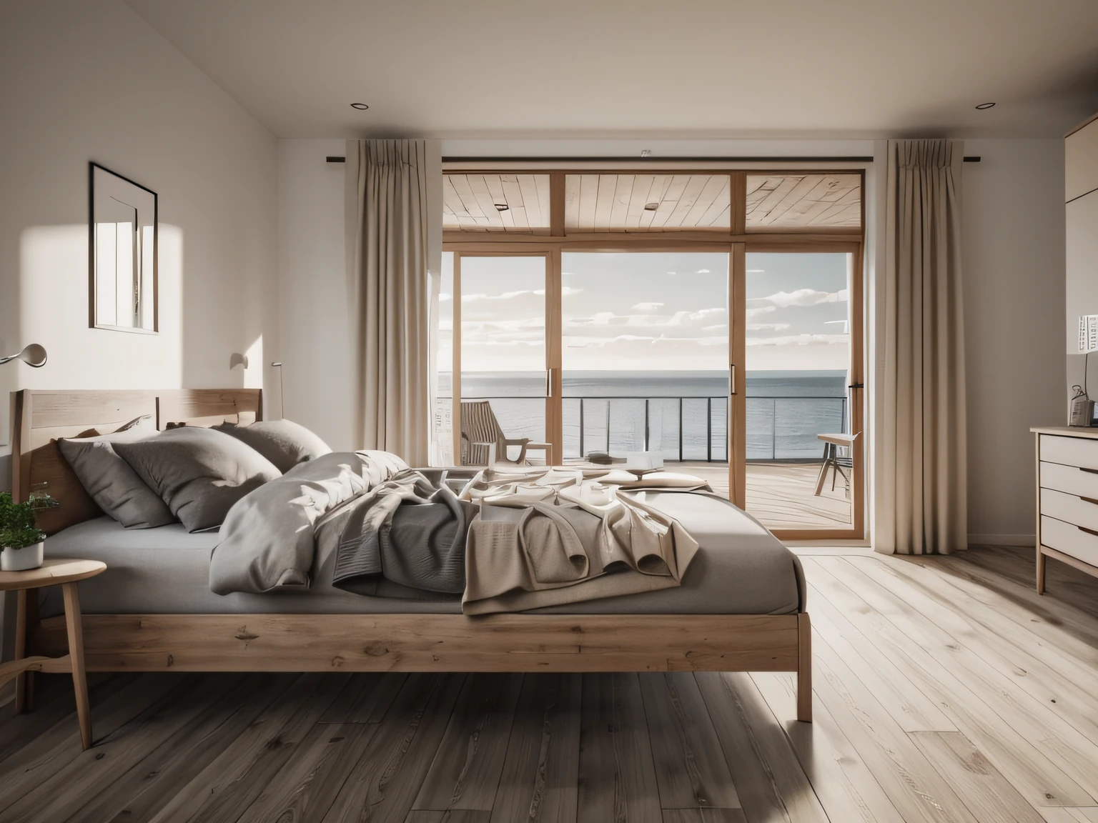 interior, bedroom, ((Scandinavian style)), wooden floor, wardrobe, bed, sunlight, window, sea view, render 8, utral realistic, best quanlity, raw photo