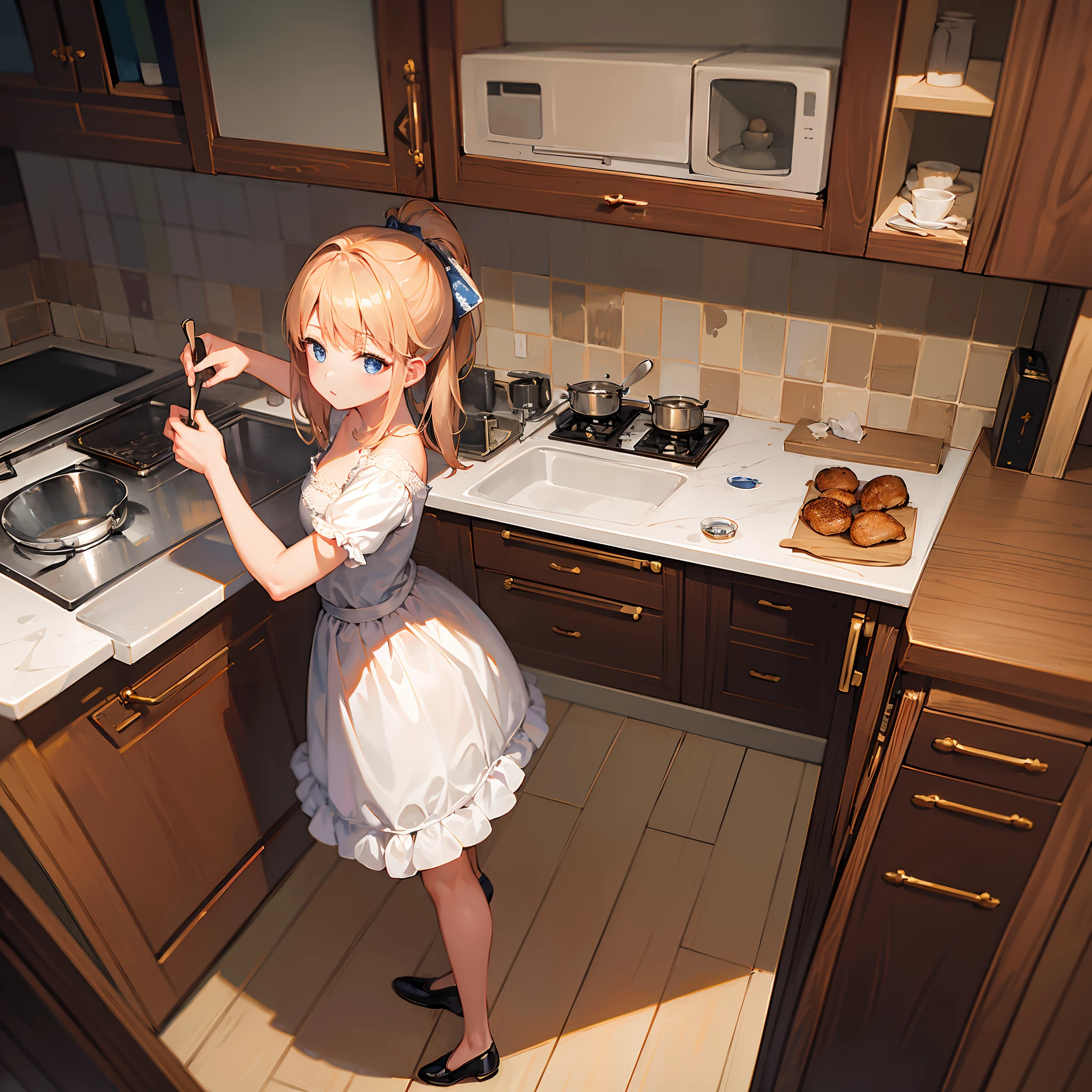 Absurd resolution, high resolution, (masterpiece:1.4), ultra-detailed, 1girl, in beautiful frock , seen from above, kitchen ,cooking food, wide-angle lens distortion