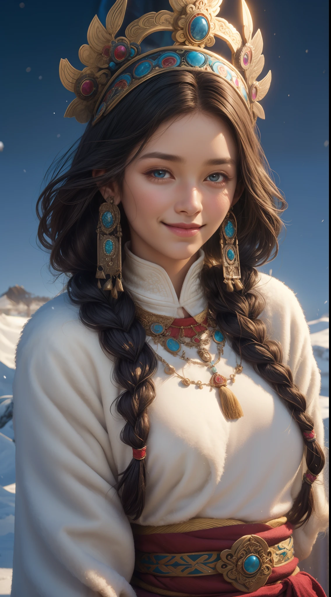 A girl, long braids, Tibetan girl, close-up, slightly raised head, smile, bust photo, upper body, Tibetan clothing, clothes with fluff, white flut, high-end Tibetan clothing, cumbersome Tibetan clothing design, cold clothing, winter clothing, appearance Yang transcendence, round face shape, gorgeous Tibetan clothing, cumbersome Tibetan necklace, cumbersome Tibetan headdress, live-action CG, sweet style, film style, HD 4K, photography effects, studio effects, white halo, mythological wind, snowfield background, character core