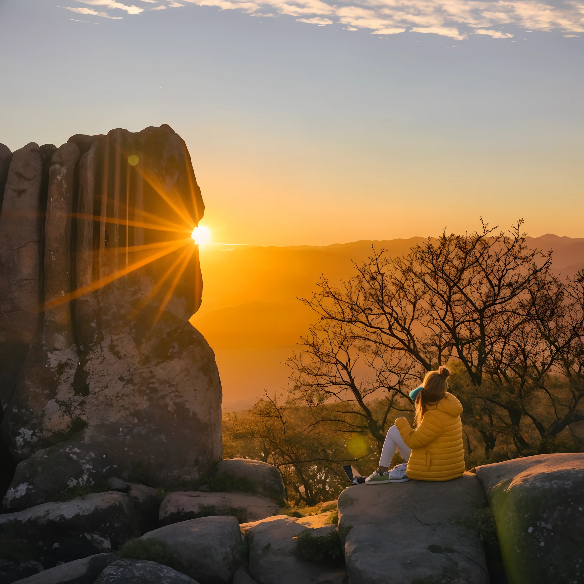Alafi sits on the rock,There is a laptop on it, watching the sunset, looking out at a sunset, sunrise light, morning golden hour, looking out at a sunset, golden hour time, golden hour sunlight, dramatic warm morning light, golden hour light, Winter sun, shining golden hour, sun behind her, in the golden hour, watching the sunset