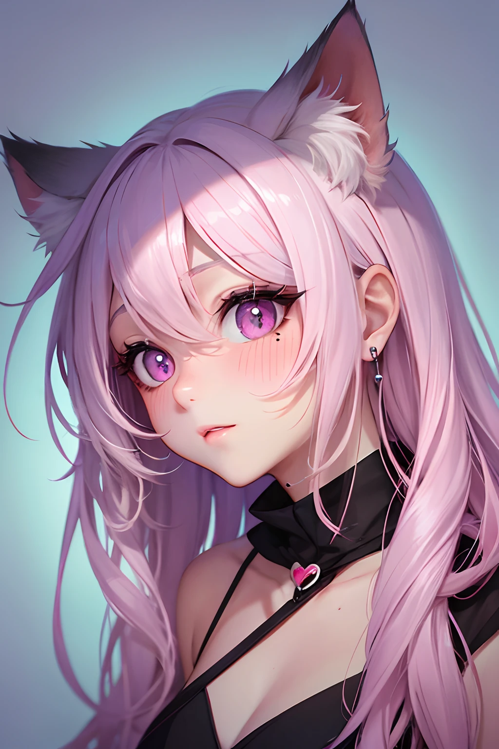 striated hair,Pink twin-tailed hair,   Mole under the eyes, mole under mouth, Heart-shaped pupil, longeyelashes, Pink eyes, Heart-shaped choker、full body Esbian、gazing at viewer、Shy, blush, tusk, ear blush, nose blush,Anime style, Color Field Painting, Ray tracing, bloom, One-person viewpoint, nffsw, awardwinning, 16 K, Best Quality, high details, High quality, masutepiece, hight resolution, ccurate, Super Detail、Cat without ears