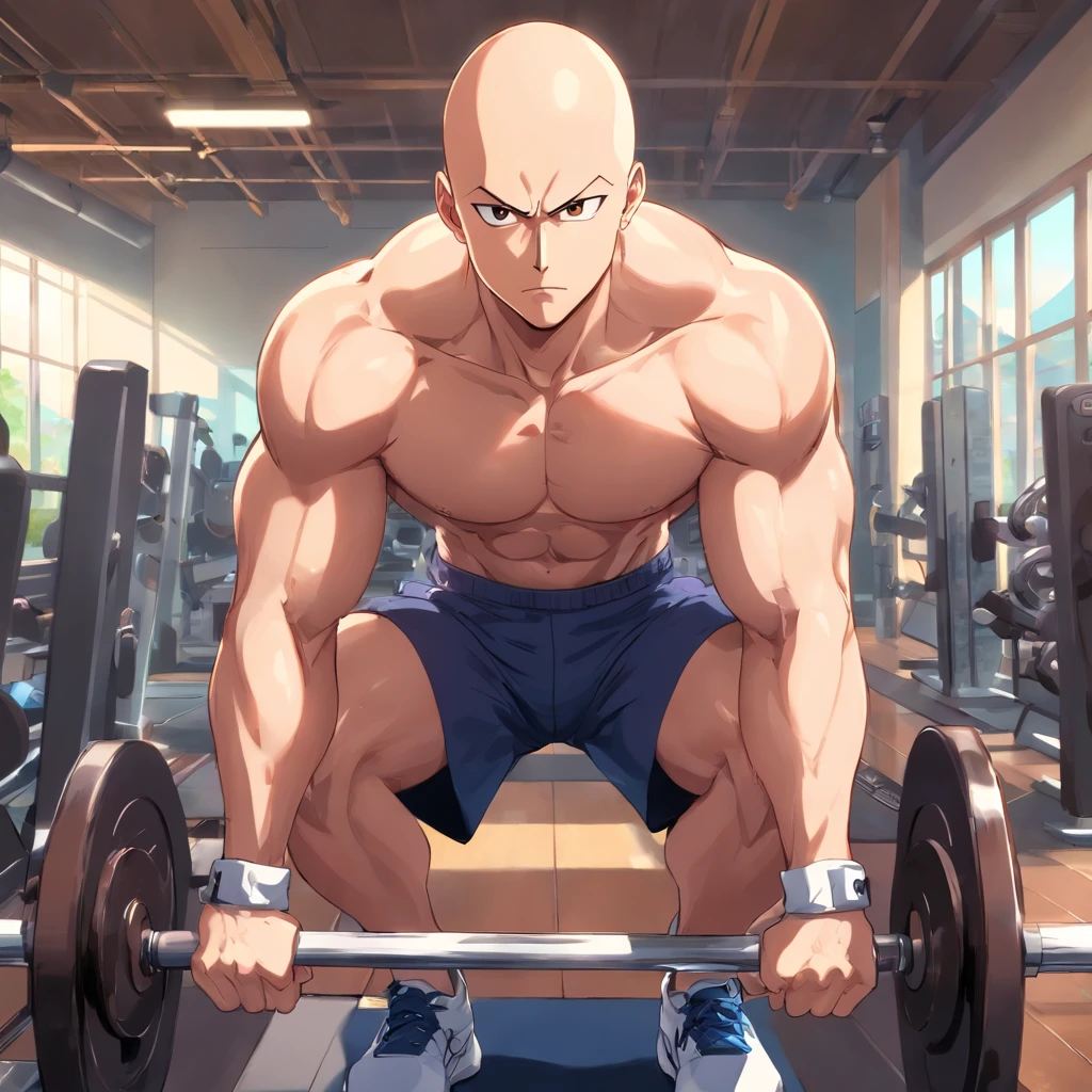 Saitama ((careca)), Um homem de soco, masculino, Working out intensely in a bodybuilding gym, Well-defined and detailed muscles,