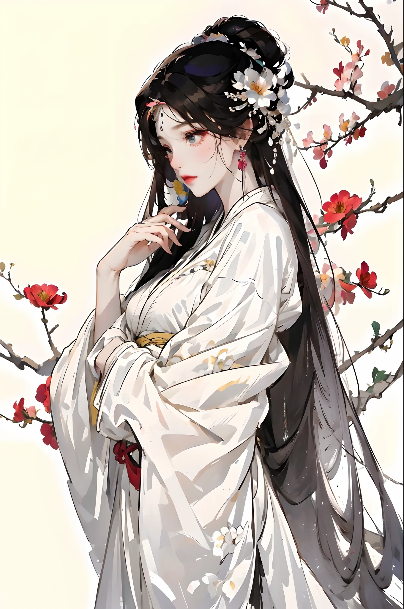 Masterpiece, Best quality, 8K, Cinematic light, 超高分辨率, Chinese painting, 1girll, Solo, flower, hair adornments, White background, Black hair, hair flower, Chinese art, Hanfu, branch, Long hair, sash, Upper body, Chinese clothes, jewelry, Long sleeves, Earrings, flowering branch,