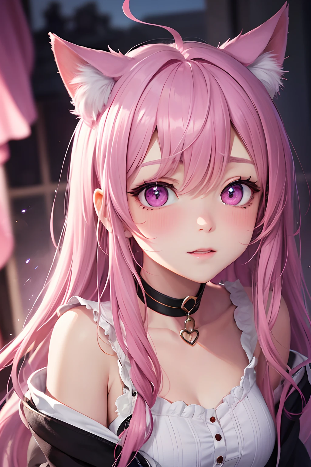 striated hair,Pink twin-tailed hair, Mole under the eyes, mole under mouth, Heart-shaped pupil, longeyelashes, Pink eyes, Heart-shaped choker、full body Esbian、gazing at viewer、Shy, blush, tusk, ear blush, nose blush,Anime style, Color Field Painting, Ray tracing, bloom, One-person viewpoint, nffsw, awardwinning, 16 K, Best Quality, high details, High quality, masutepiece, hight resolution, ccurate, Super Detail、Cat without ears