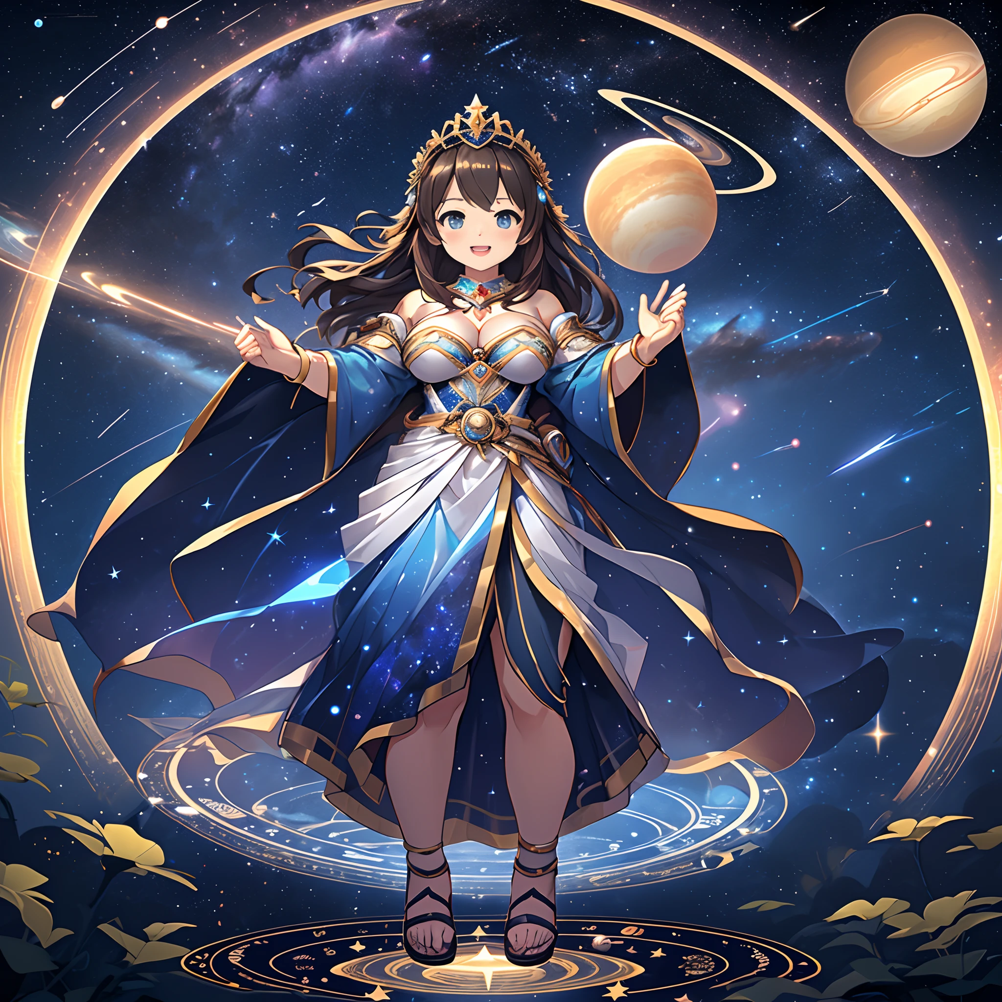 top-quality, ​masterpiece, High-density illustration, Icon Illustration, Full Body Display, ((Stand on a magic circle floating in the sky、Concept of goddess of cosmic creation landing on earth)), ite girl in, Human personality, cute  face, A dark-haired, Open your mouth and smile, Looking at the camera from the front, Beautiful contrast of colors, (Sexy costume, cleavage of the breast, Tiara on the head, Wearing sandals,  (The Milky Way and countless constellations and shooting stars illuminate around it in the background, planet earth, a moon, Saturn, Jupiter)