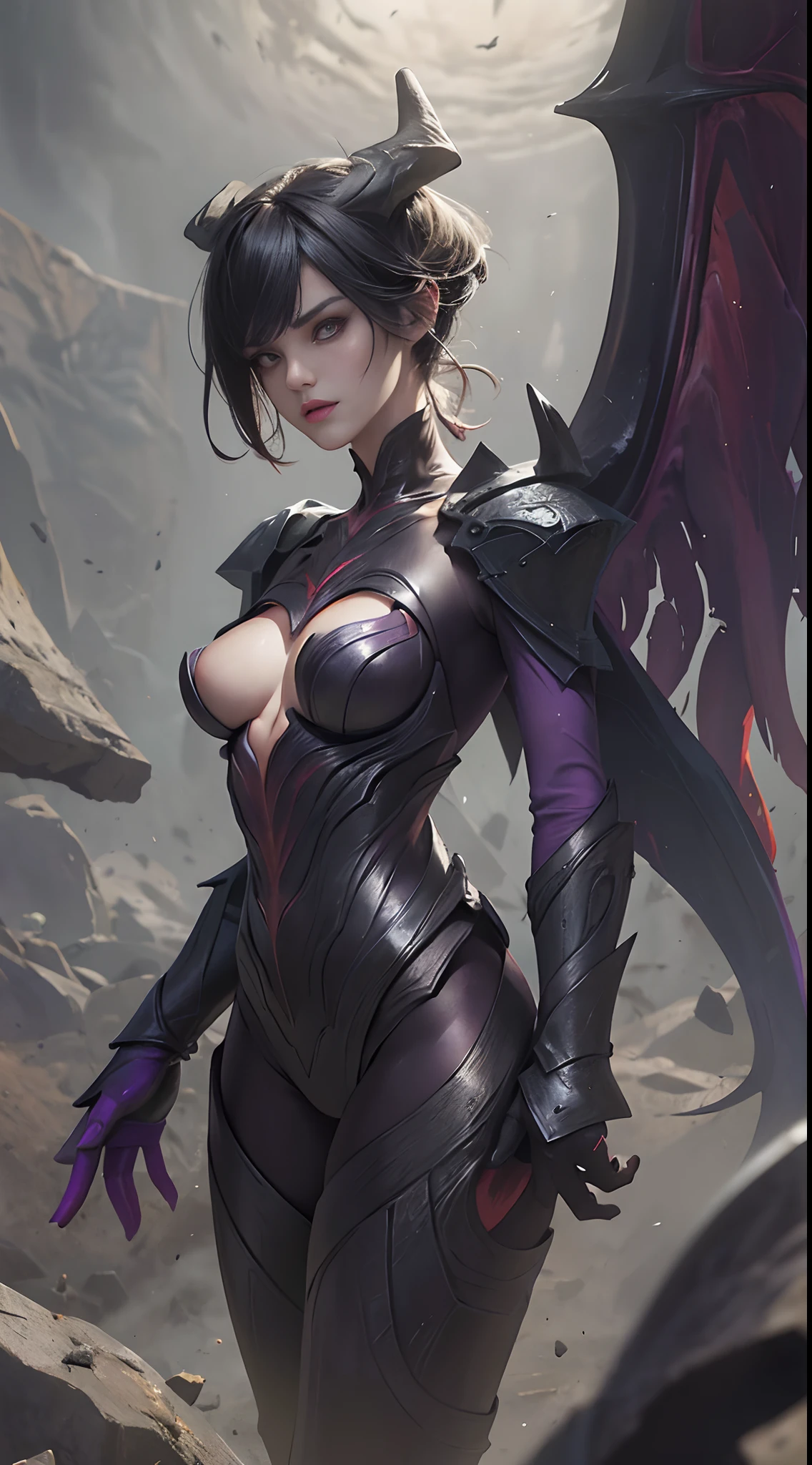 (Best Quality,4K,High resolution), Evil apotheosis,(Best Quality,4K,High resolution),Jet black hair on a black body, Body covered with hairs all over the body, transform,An abnormal,sharp eye,Glowing purple eyes,Facial expression enhancement,,Changing the Appearance of a Transform,beast,Beastification,buttle,Delicate illustrations drawn in detail,Realistic skin texture expression,Realistic portrayal,Vibrant colors,expresive,Classic background(Best Quality,4K,High resolution), Comical appearance,(Best Quality,4K,High resolution), 18yo woman, Purple highlights on black hair, Bery short hair,boyish short disheveled hair,, Cool Woman,Majinization,Cold eyes ,sharp eye,Intricately decorated ripped clothes,comic strip,animesque,Comical illustration,busy,Deformed cute illustration,Full body projection,Evil Fight,Fighting,Halloween,Dark worldview,Fighting