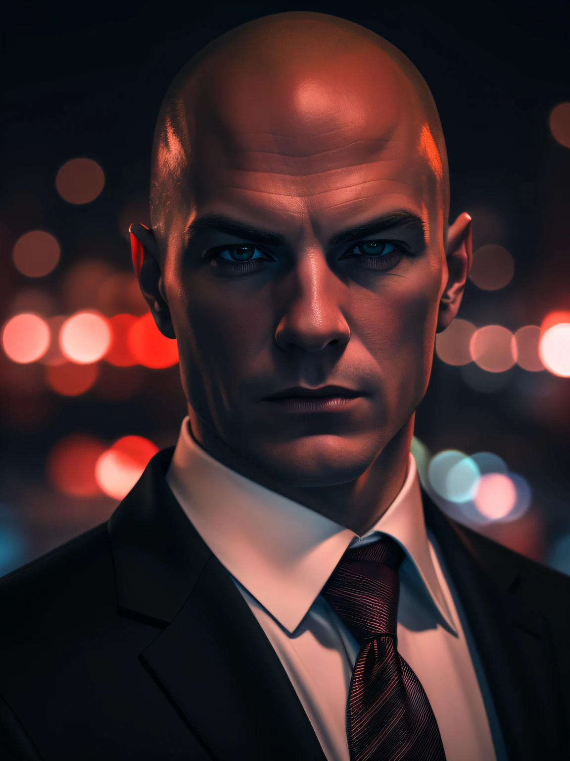 Close-up portrait of cool hitman, Agent 47, wearing a sleek black suit with a red tie, film lighting effects, realistic night light, full moon, background bokeh nikon 75mm lense, ray tracing, AMD Radeon 7900xz 8K RAW, control saturation, neglact negative colors.