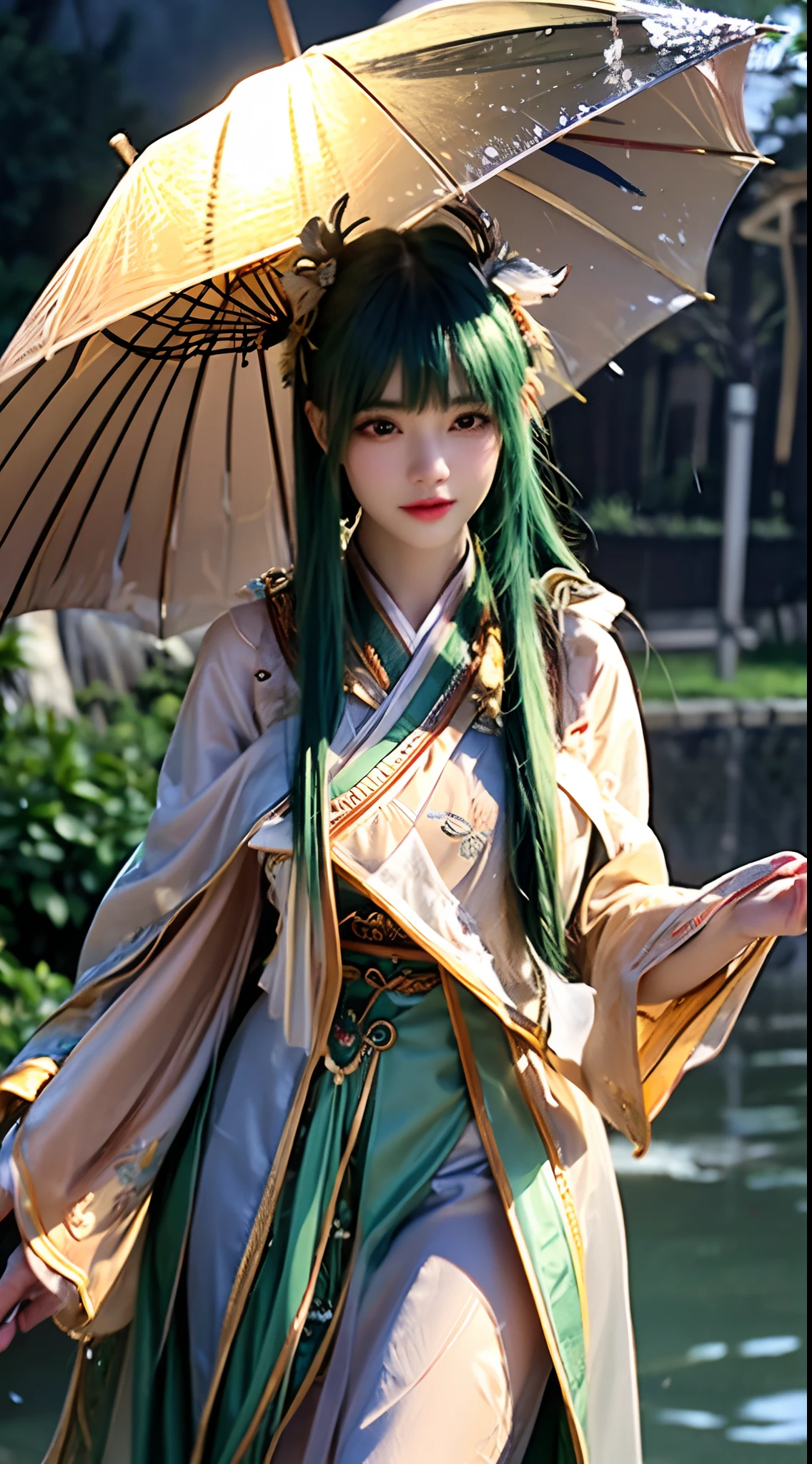 (best quality, 4k, 8k, highres, masterpiece:1.2), ultra-detailed, (realistic, photorealistic, photo-realistic:1.37), blurred, lady with green hair, vertical yellow irises, deer antlers, swimwear, soft lighting, playful elegant curves, sharp focus, extremely detailed, ethereal, traditional Chinese landscape painting, vibrant colors, gentle lighting, sweat drops on fair skin, rainy scenery, typhoon thesis, holding an umbrella