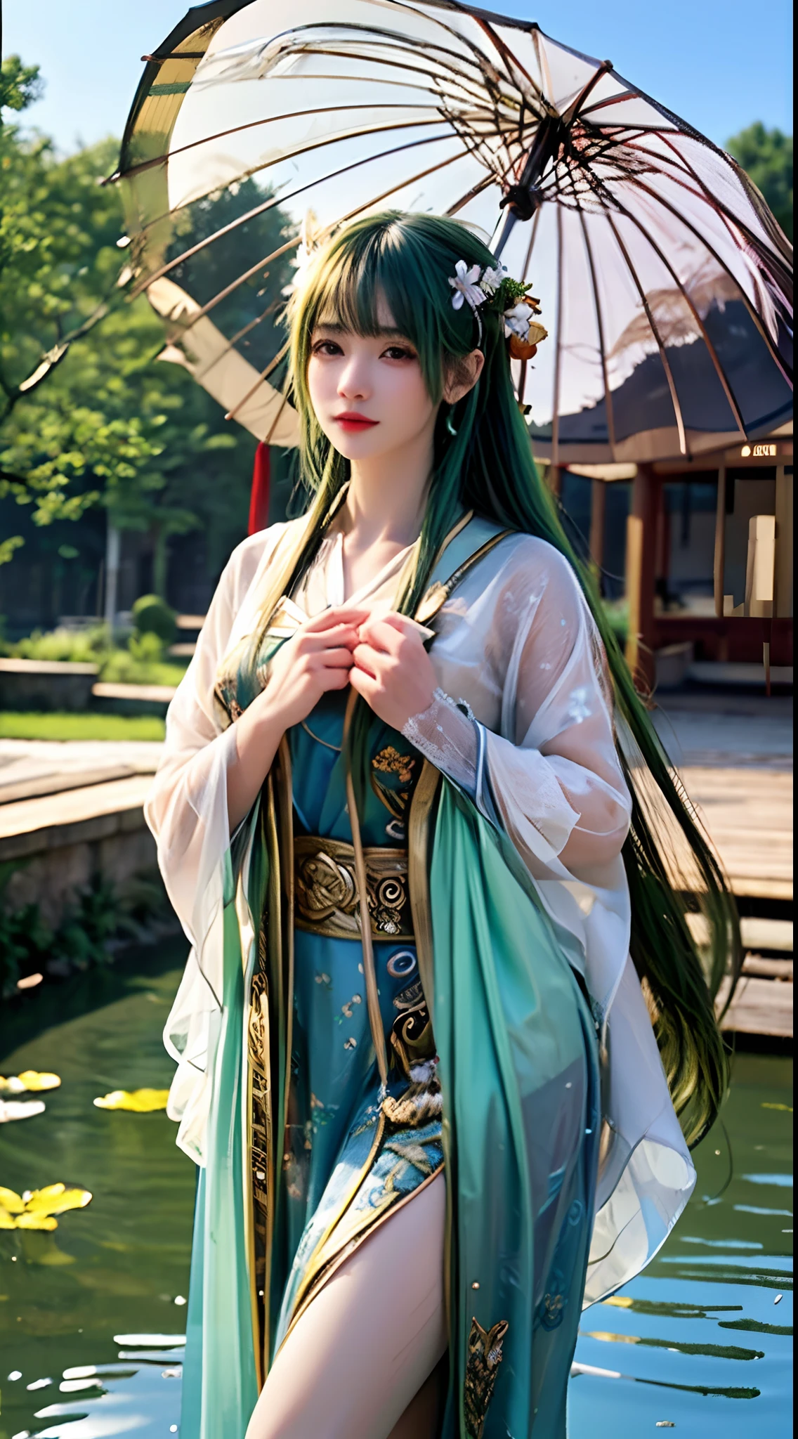 (best quality, 4k, 8k, highres, masterpiece:1.2), ultra-detailed, (realistic, photorealistic, photo-realistic:1.37), blurred, lady with green hair, vertical yellow irises, deer antlers, swimwear, soft lighting, playful elegant curves, sharp focus, extremely detailed, ethereal, traditional Chinese landscape painting, vibrant colors, gentle lighting, sweat drops on fair skin, rainy scenery, typhoon thesis, holding an umbrella