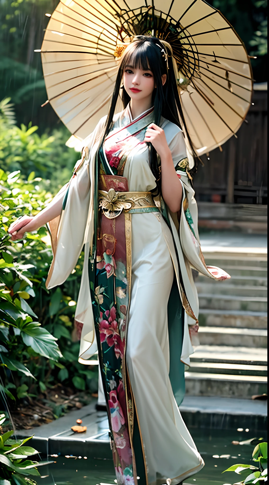 (best quality, 4k, 8k, highres, masterpiece:1.2), ultra-detailed, (realistic, photorealistic, photo-realistic:1.37), blurred, lady with green hair, vertical yellow irises, deer antlers, swimwear, soft lighting, playful elegant curves, sharp focus, extremely detailed, ethereal, traditional Chinese landscape painting, vibrant colors, gentle lighting, sweat drops on fair skin, rainy scenery, typhoon thesis, holding an umbrella