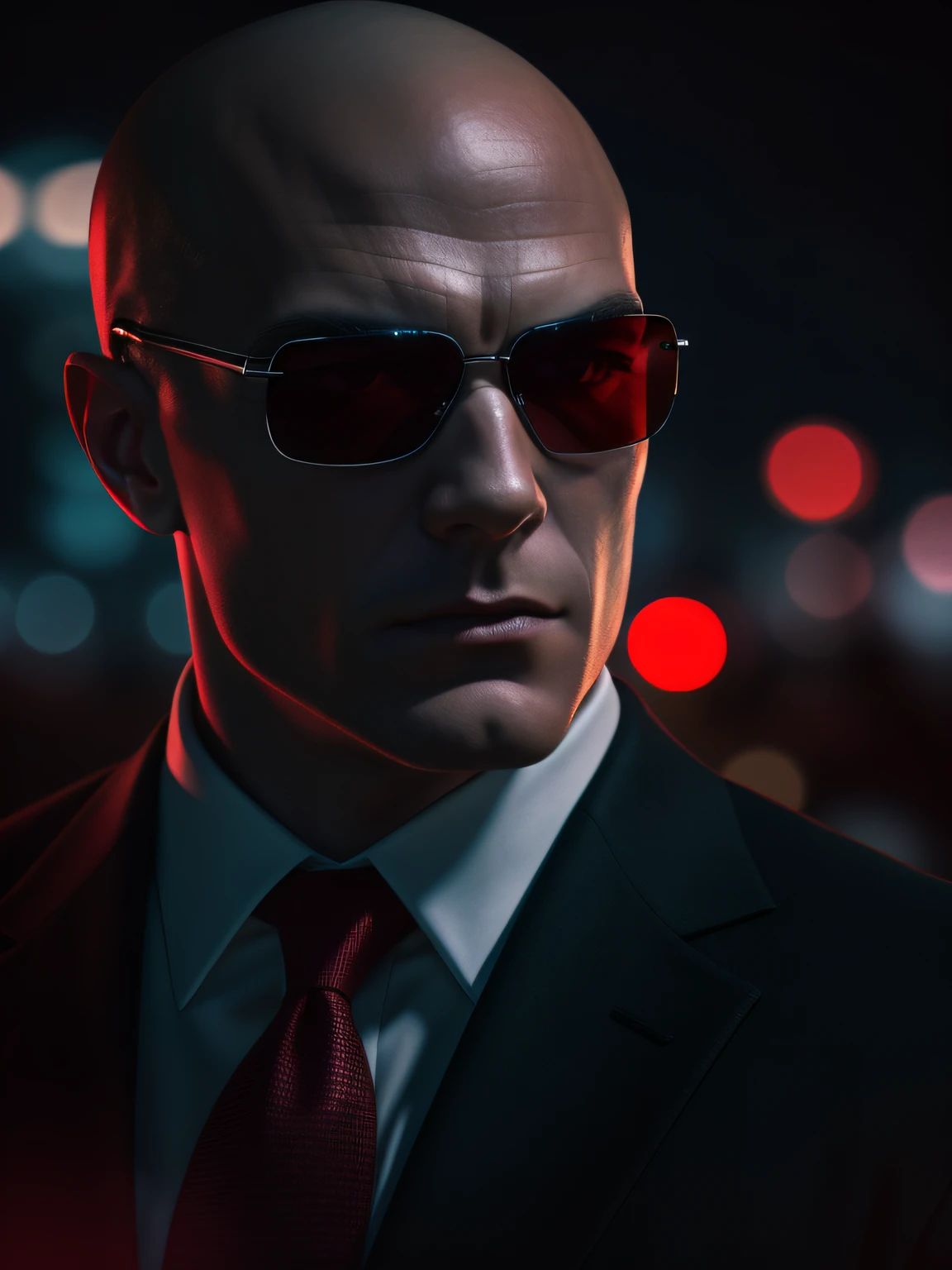 Close-up portrait of cool hitman, Agent 47, wearing a sleek black suit with a red tie, film lighting effects, realistic night light, full moon, background bokeh nikon 75mm lense, ray tracing, AMD Radeon 7900xz 8K RAW, control saturation, neglact negative colors.