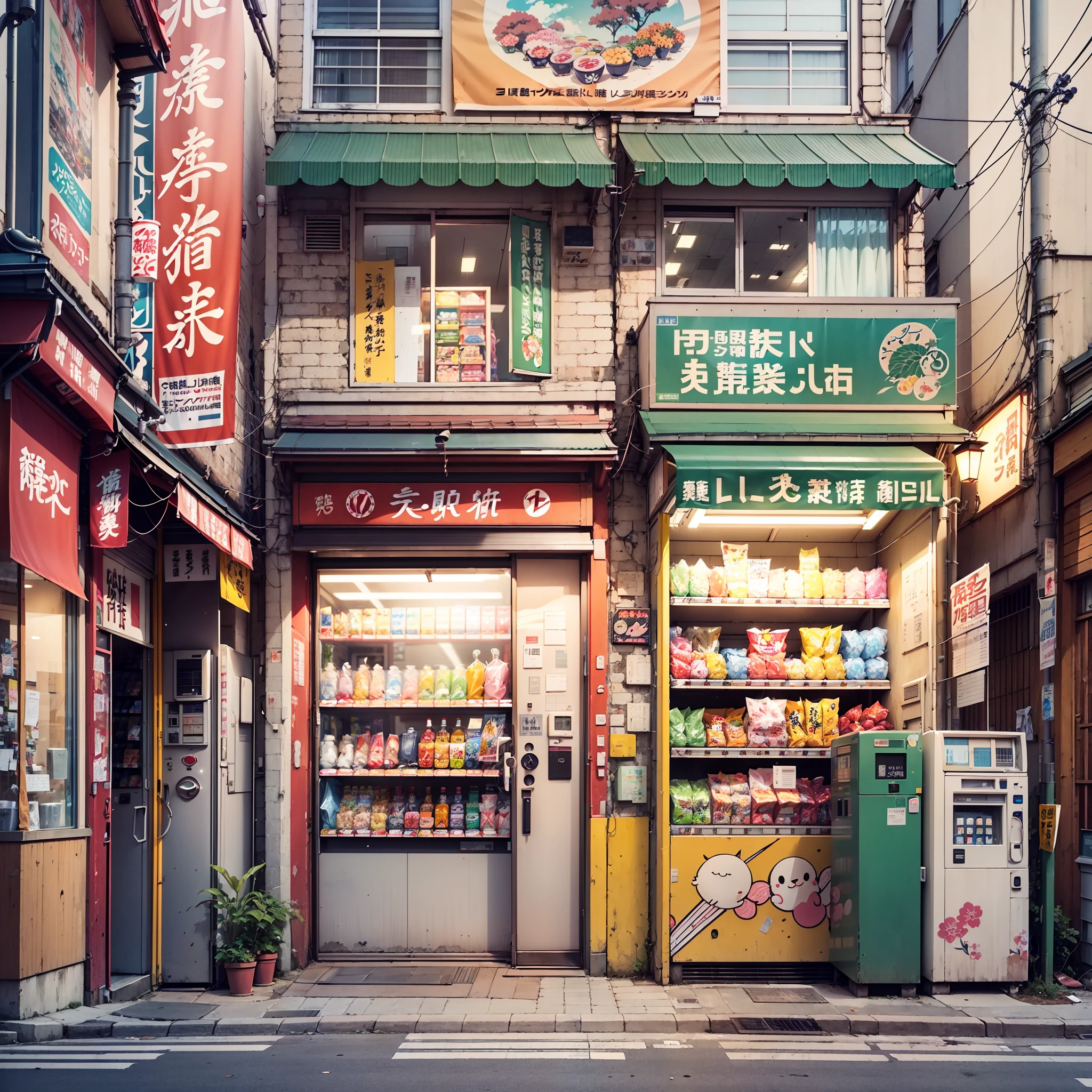 Anime background, empty, compact Japanese downtown street. anime, anime style. vending machines, trash cans, plant pots, drains, air vents, gutters, pipes, wires, big Japanese shop signs, retro Japanese shop banners. (no one :1), no one in sight.