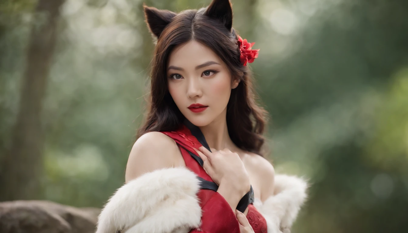 Ahri de League of Legends, foto do corpo todo, perfect hands, cabelos pretos e longos, nove caudas de raposa branca na a cima da bunda, orelhas de raposa pretas, roupa de samurai vermelha, papel de parede, fundo em Iona, rosto sexy oriental