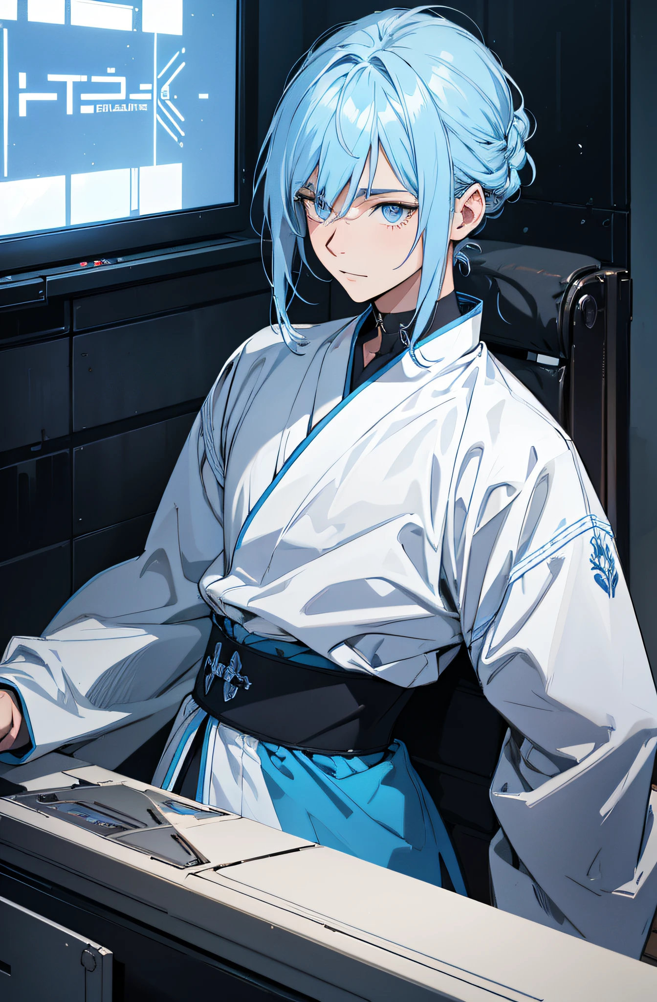 Blau-lila Stil, Ich schaue dich an, Gute Augen, Unordentliches Haar, Gebrochenes Haar, Lange Haare, Ritterlichkeit, Very nice digital cyberpunk artwork, male focus, stattlich, Heldenhaft und frech, Handsome man, He wears a blue and white kimono, langes Schwert auf der Schulter, Ritterlicher Stil, Hochwertige Detaildarstellung, verschwommener Hintergrund und weiches Licht setzen sich ab, Shooting on the middle side, Mittlere Seitenperspektive, Musterdekorationen und Accessoires, Gebrochene Blumen und fliegende Blumen, Dichter Nebel umgeben, Light and shadow changes extremely exquisite. 4k-Hintergrundbild im Anime-Stil.