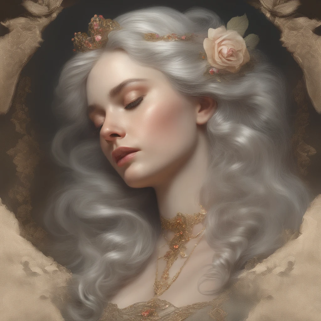 ((Gorgeous Princess)), (with long, flowing gray hair), (Bright and beautiful eyes), (side profile), Art Station Trend, "The Flower of Hope" by Jean-Honore Fragonard, Peter mohrbacher, Super detailed, Crazy detailing, Stunning, Intricate, elite, Jugendstil, ornate, liquid wax, elegant, luxurious, by Greg Rutkowsky, ink style, Sticker, vector art, Beautiful character design, Double exposure shot, Luminous design, Winning Bid, Masterpiece, AMOLED-black background,