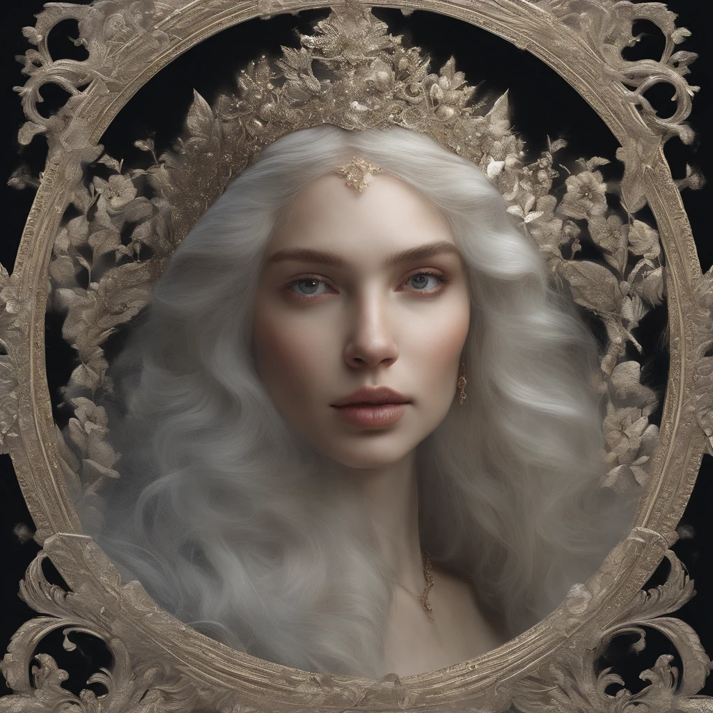 ((Gorgeous Princess)), (with long, flowing gray hair), (Bright and beautiful eyes), (side profile), Art Station Trend, "The Flower of Hope" by Jean-Honore Fragonard, Peter mohrbacher, Super detailed, Crazy detailing, Stunning, Intricate, elite, Jugendstil, ornate, liquid wax, elegant, luxurious, by Greg Rutkowsky, ink style, Sticker, vector art, Beautiful character design, Double exposure shot, Luminous design, Winning Bid, Masterpiece, AMOLED-black background,