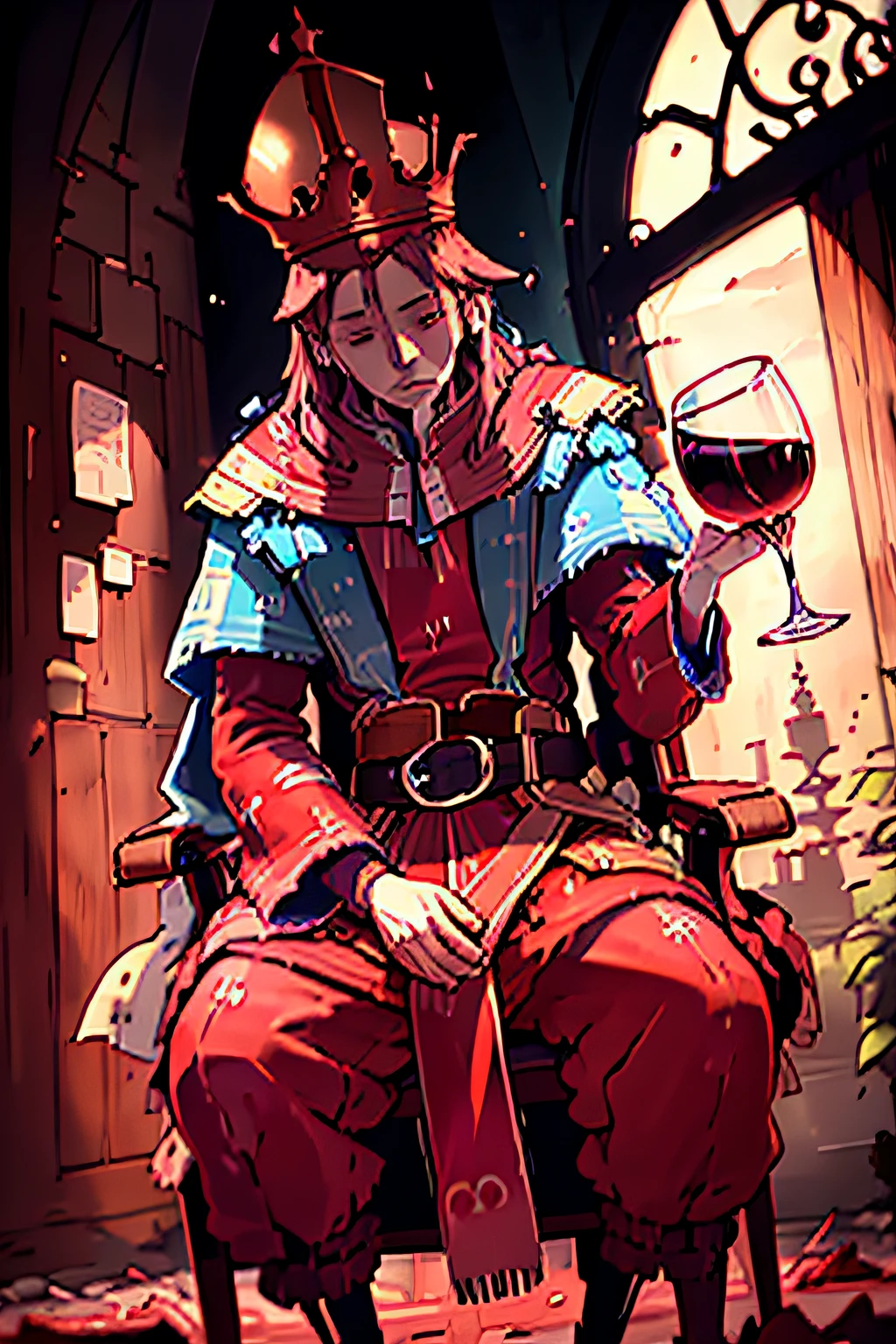 King with red and blue clothes on throne with glass of wine