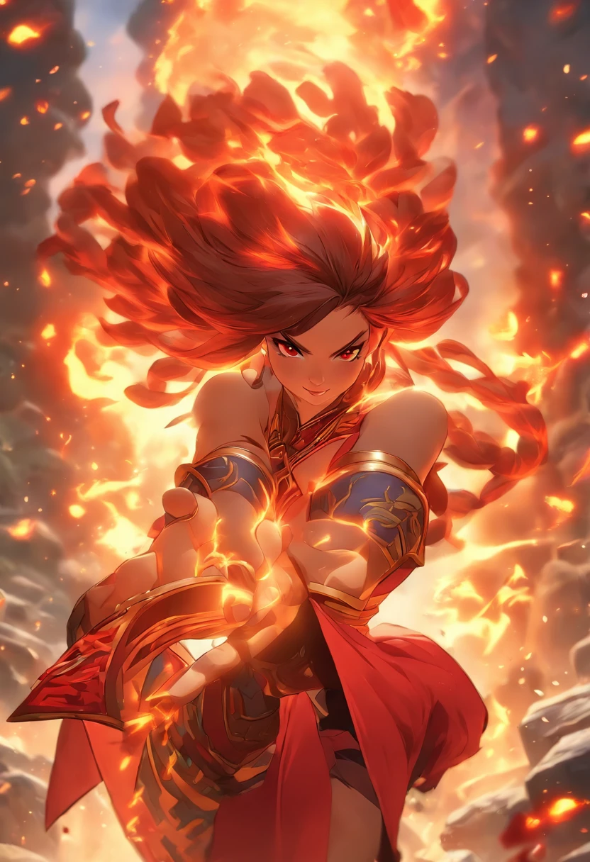 Close-up of a woman in a red dress standing in front of a rock, concept art inspired by Du Qiong, Trend of CGsociety, Fantasy art, full-body xianxia, appears as the fire goddess, zhongli from genshin impact, Keqing from Genshin Impact, maya ali as a lightning mage, ne zha from smite