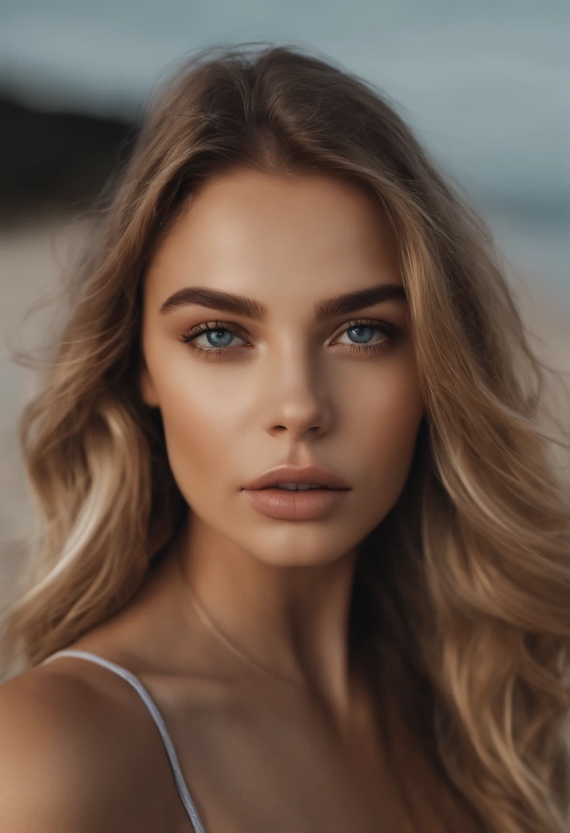 Arafed woman completely , fille sexy aux yeux bleus, ultra realist, Meticulously detailed, Portrait Sophie Mudd, cheveux blonds et grands yeux, selfie of a young woman, Yeux de chambre, Violet Myers, sans maquillage, maquillage naturel, looking straight at camera, Visage avec Artgram, Maquillage subtil, Superbe photo du corps entier,Medium to large bust, sitting at the beach, at the beach, maillot de bain,