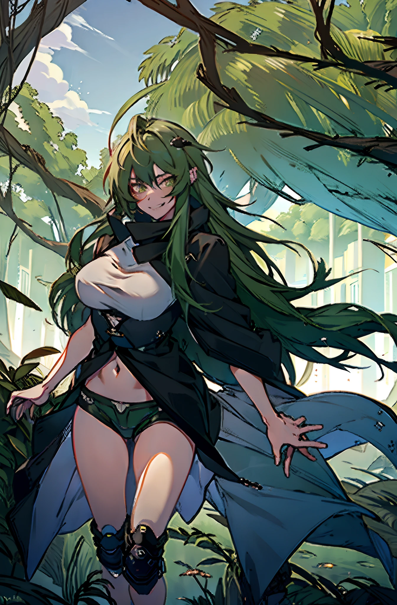 Pure sky，Plump legs，Green gem setting，Anime girl standing gracefully on the ground，Black cape and green hair, rogue anime girl, Anime girl standing, Wearing a cloak on the blasted plain, asuka suit under clothes!, Cyborg girl, badass posture, mechanic punk outfit, anime styled 3d, render of a cute 3d anime girl, gapmoe yandere grimdark, Female character，musculature，Abs，Glowing green eyes，Black hair with green gradient，extra very long hair，Bunched hair，Dull hair，（Muscle 2.0），Tomboyish，Be red in the face，looking at viewert，Elaborate Eyes，Black mechanical legs，huge tit，ssmile，Openwork black silk，Straight big breasts，strappy，White openwork hot pants，White bandeau，High-fork panties，Toothless smile，Lower breast，Mechanical wind，There are no cities，Side breasts，Excitation，Top crotch，Sexy lower abdomen，Camel toes，Sexy underarms，ultra gigantic tits