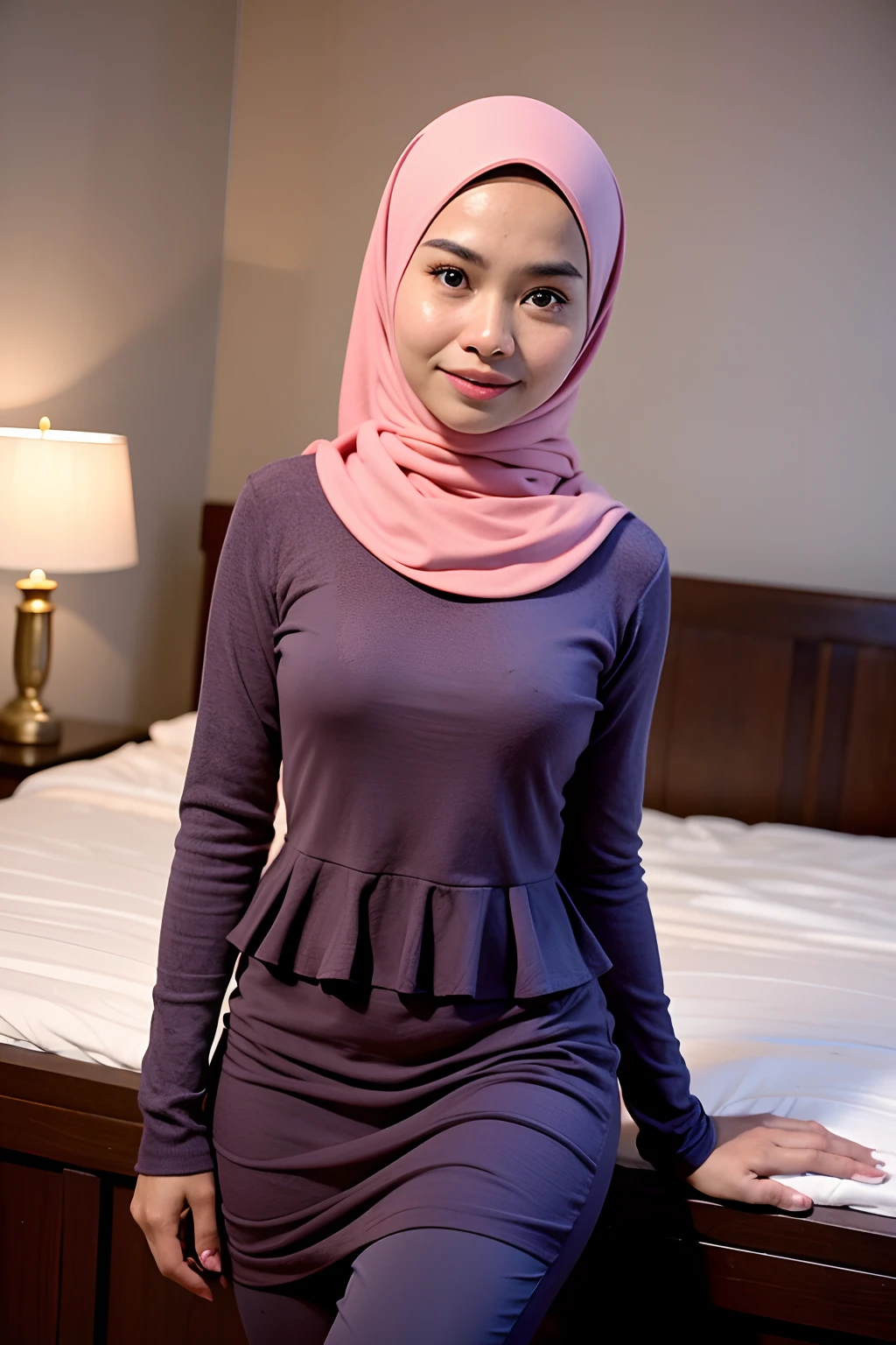 1 malay girl , modern plain hijab, shy, medium portrait shot , watery eyes , wear pastel pink peplum dress, blue bedroom background, bright front light, she try to remove pants pose,