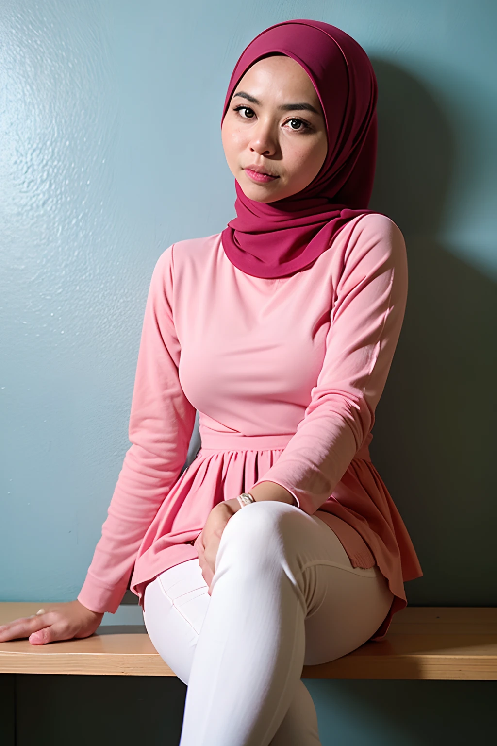 1 malay girl , modern plain hijab, shy, medium portrait shot , watery eyes , wear pastel pink peplum dress, blue bedroom background, bright front light, she try to remove pants pose,