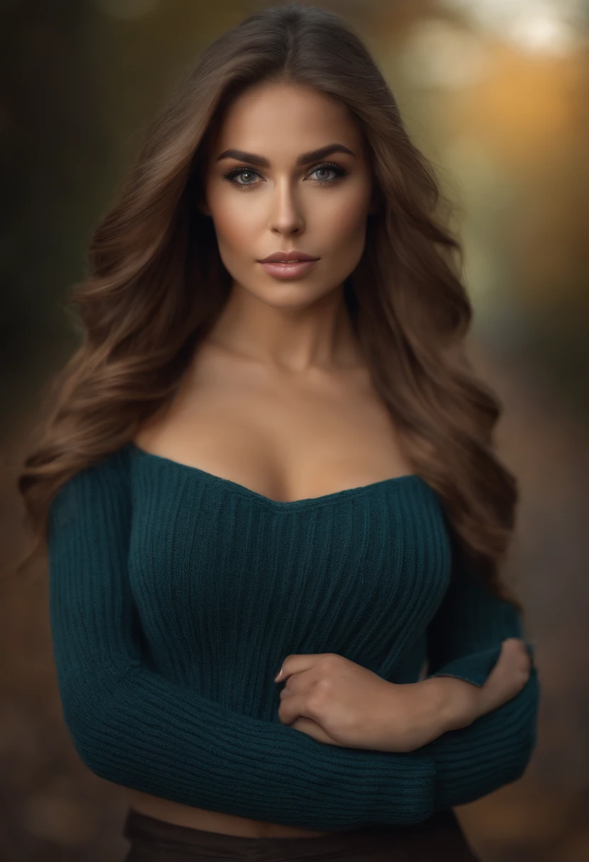 photography of a stunning girl, wearing a autumn jumper, long hair on one side, heavy bust 36DD, looks into the camera, symmetrical eyes, symmetrical face, photorealistic, photography, path tracing, specular lighting, volumetric face light, path traced hair, visible shadows, intricate, elaborate