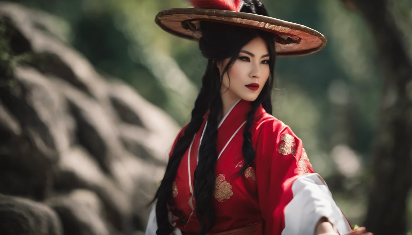 Ahri de League of Legends, foto do corpo todo, perfect hands, cabelos pretos e longos, nove caudas de raposa branca na a cima da bunda, orelhas de raposa pretas, roupa de samurai vermelha, papel de parede, fundo em Iona, rosto sexy oriental