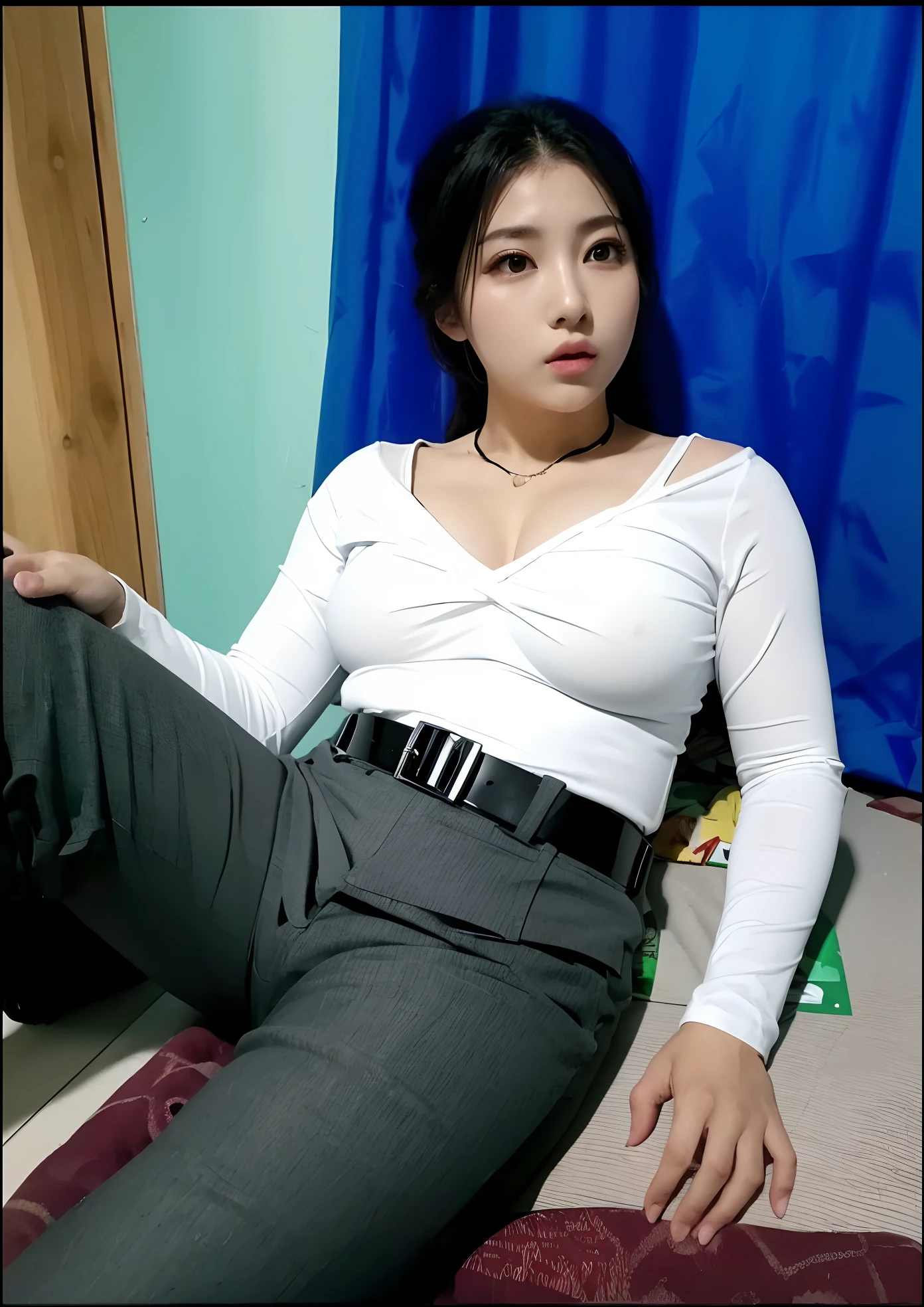 1womanl、(face perfect)、Textured skin、(Full body shot:1.1)、(Ceiling from below:1.2)、Japan announcer、Solo、hyperdetailed face、Brunette Bob Hair、(blazers)、(White dress shirts)、(Tight micro mini skirt)、(The body is facing the camera:1.5)、(spread legs to the sides)、Bare legs、showing   panties、(white  panties:1.3)、Sit in an office chair with your crotch open、spread legs to the sides、(There is a large viewer display in the background)、broadcasting equipment、(TV station news studio:1.2)
