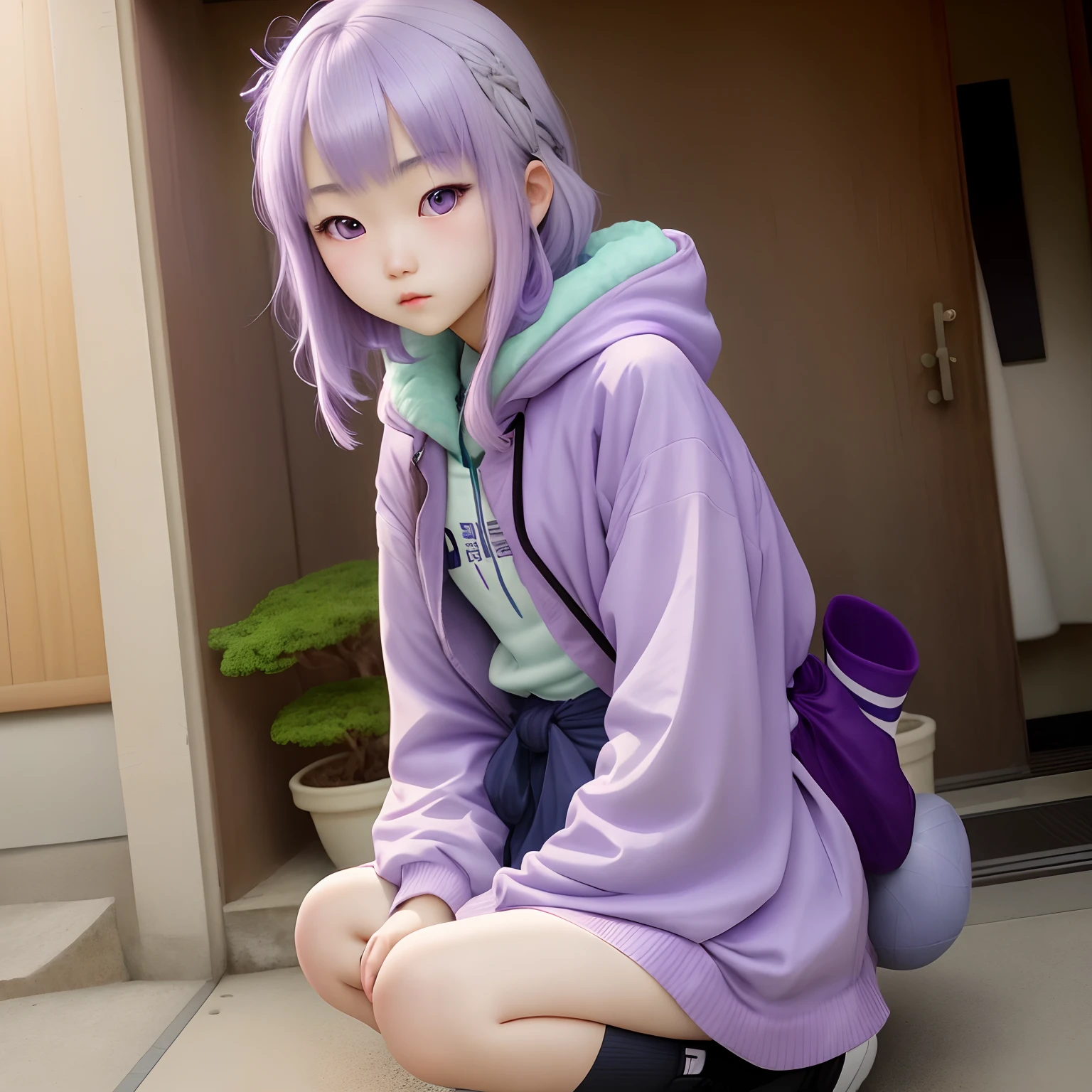 young japanese  girl with light purple hair fair skin blue eyes skinny