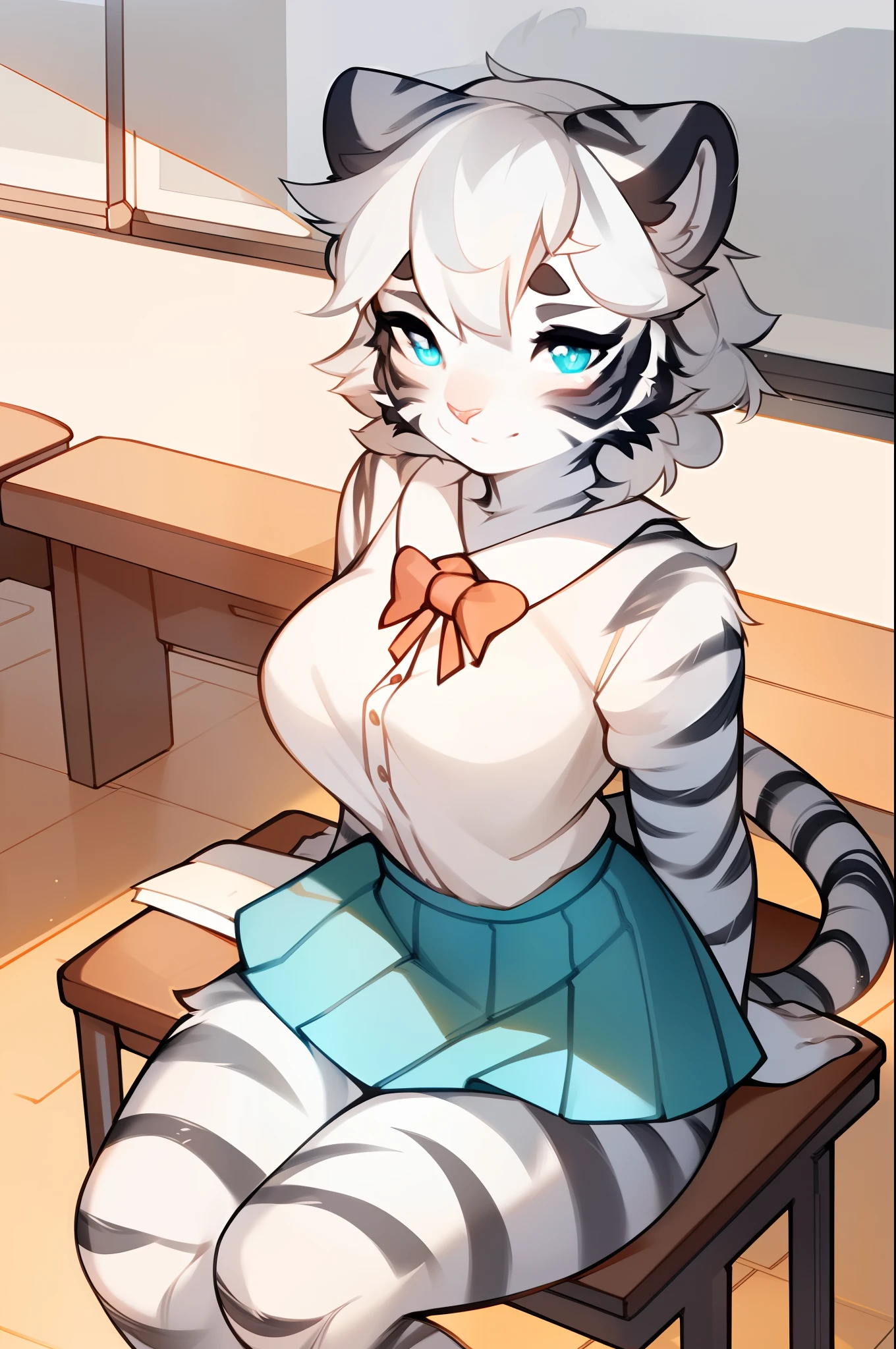 White Tiger:: White Tiger:: White-striped wool:: white wool,:: (Grey streaks):: (Grey Tiger Stripes:1.3) :: Furry:: anthro:: fluffy ears:: white colored hair:: long tail:: Attractive shapes:: Cyan eyes:: Sparkling eyes:: Dressed in a pink school skirt:: white blouse:: deep neckline:: seductive gaze:: mini skirt:: (Beautiful shapes):: Detailed:: glittering:: Sitting at a school desk:: A lot of frills:: Attractive anthropic tigress:: Sexy:: fashionable:: Top Art Station, (((Author: spuydjeks, Author: Bebebebebe))), ((Author: Spikedmauler))
