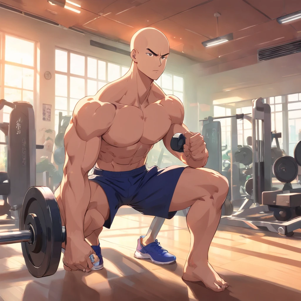 Saitama ((careca)), Um homem de soco, masculino, Working out intensely in a bodybuilding gym, Well-defined and detailed muscles,