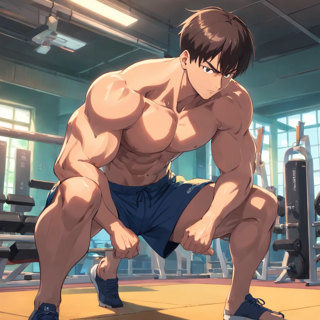 absurdres, Akitaru Obi, bare shoulders, black hair, chama kou, highres, looking away, male focus, muscular, muscular male, short hair, 8k quality, gym,( Akitaru Obi, detailed eyes, detailed face, (((full body))), visible foot, barefoot, standing on the ground, ((light smile)), (((lifting gym weight))), black hair, looking at viewer, embarrassed, blush, looking from down, masterpiece, best quality, male focus, upper body, handsome, hot, male, gay, smooth and sharp focus, Wet body, (((XXL up penis))), (((nsfw))), (((Breeded))), (((emphasizing the extraordinary size of pregnant belly))), (((pregnant belly))), ((impregnated))), (((nsfw))), (((giving birth to semen))).
