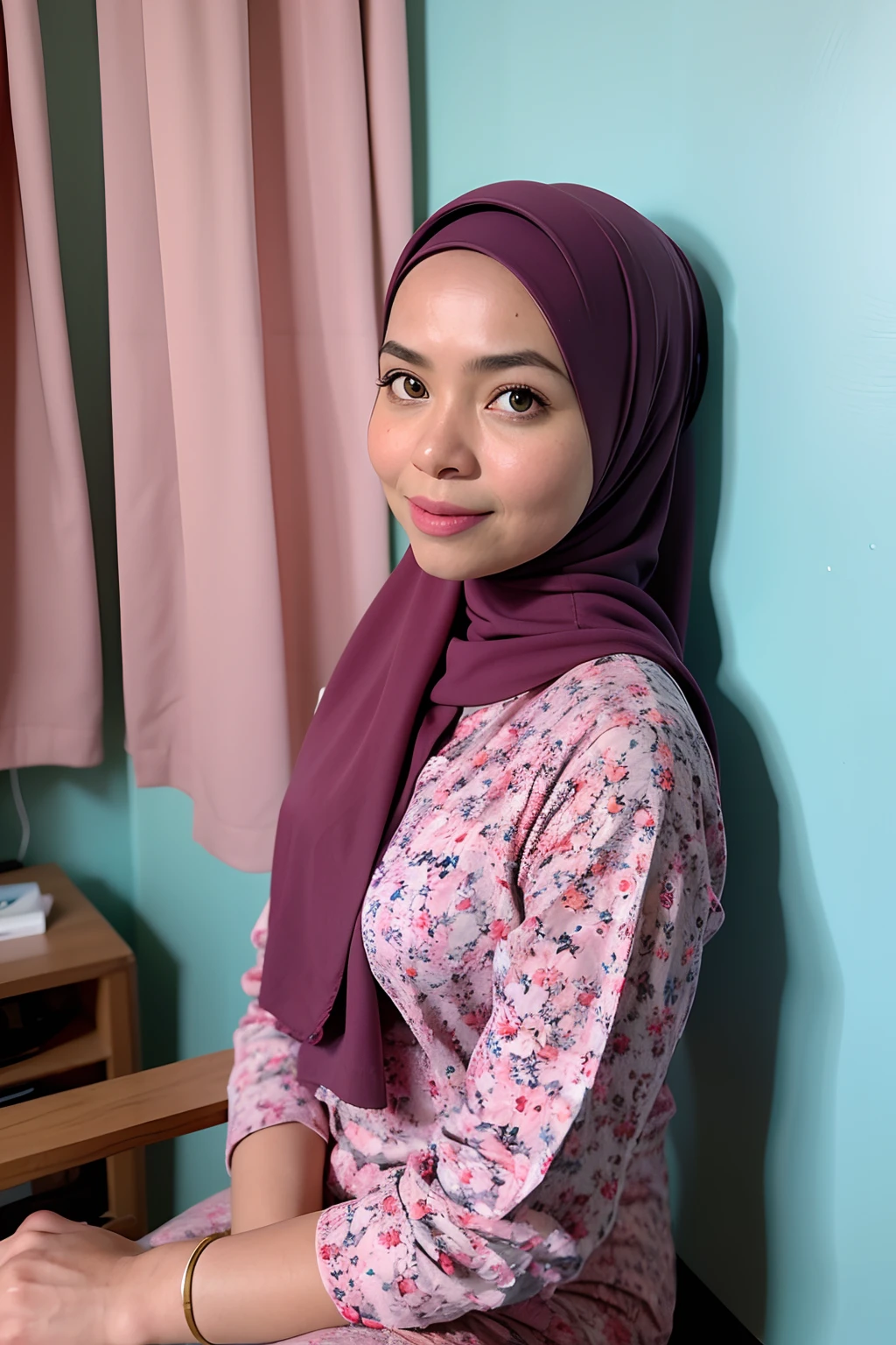 1 malay girl , modern plain hijab, shy, medium portrait shot , watery eyes , wear pastel pink peplum dress, blue bedroom background, bright front light, she try to remove pants pose,