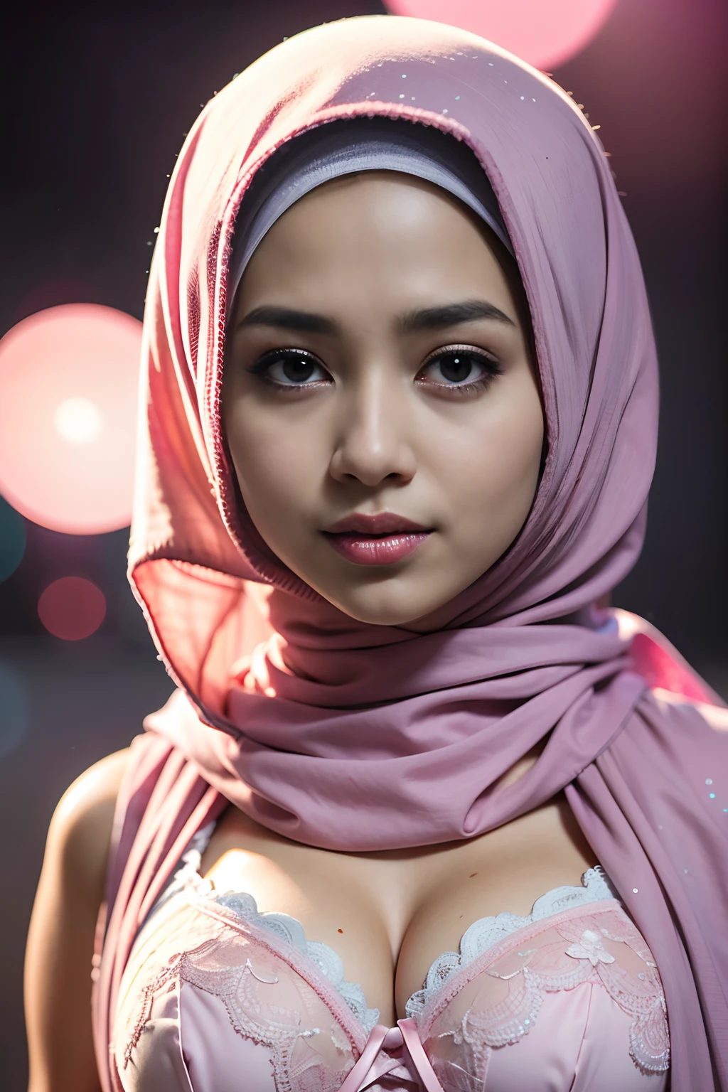 1 malay girl , modern plain hijab,  shy, medium portrait shot , watery  eyes , pink glowing particles, wear pastel pink lace bra,(( big breast)), pink light bokeh background, proportional body,