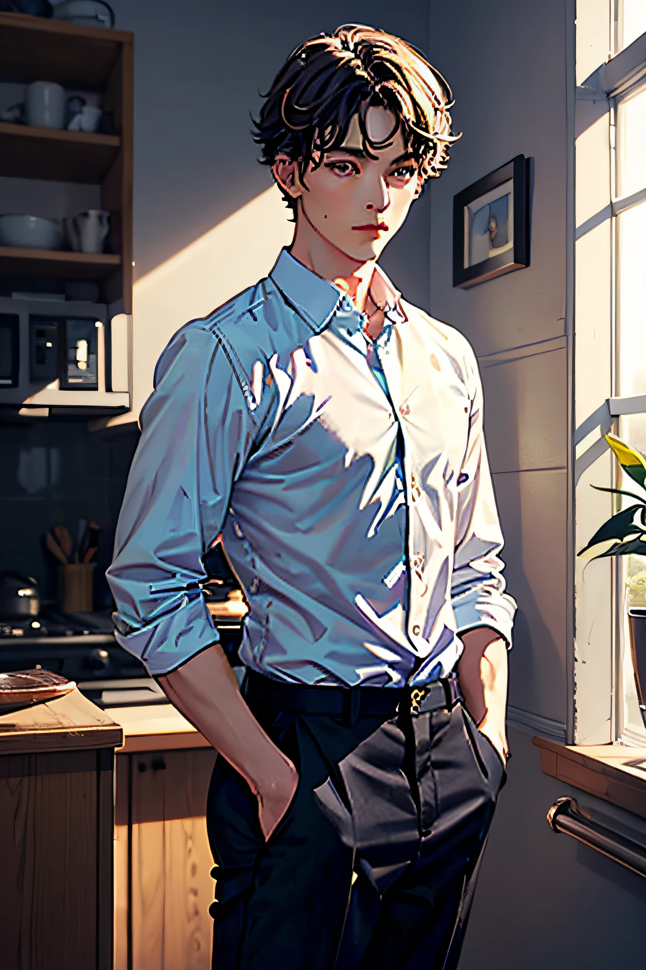 create the image of a young comic boy of 25 years,british,handsome,who has bright eyes,shirt and pants ,he is standing in a room,MORNING SCENE,photo refrenced highest quality ,high quality,(detailed face and eyes).
