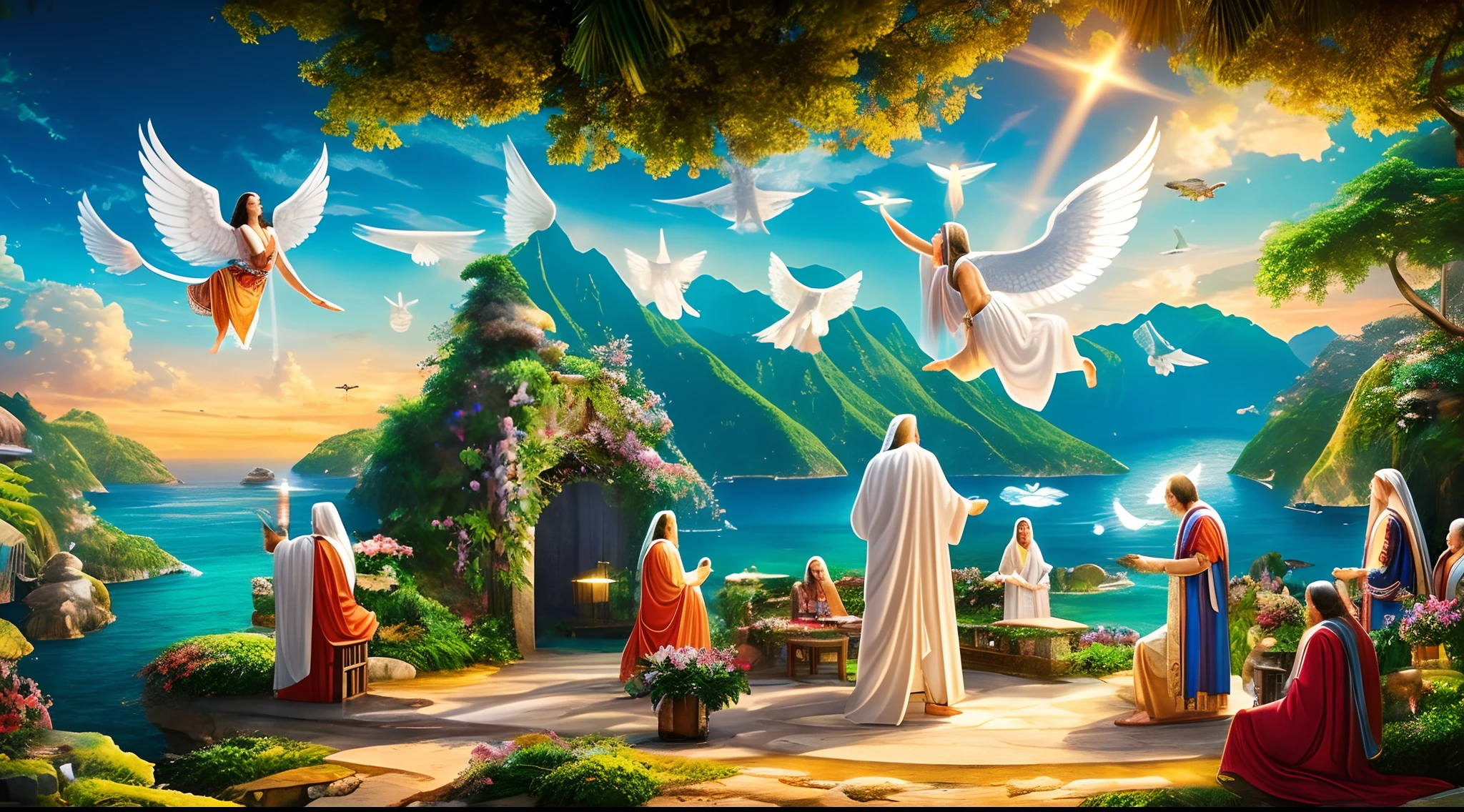 Celestial Kingdom with Flying Angels and Companionship in Paradise, where the redeemed enjoy God's presence after repentance, 8k, ultra realista