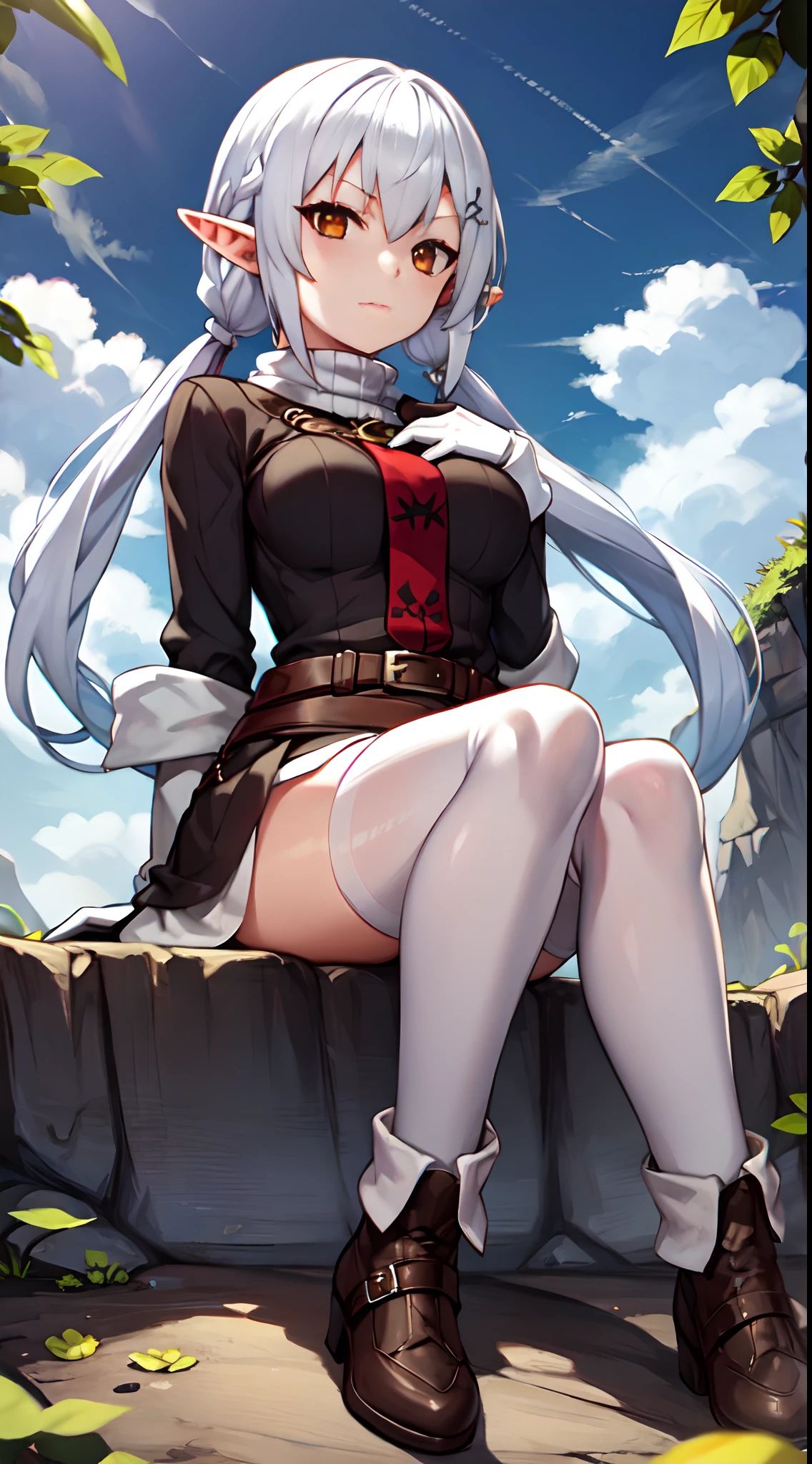 one girl, white hair, yellow eye, elf, medium breast, long twintail hairstyle, adventure theme, sit on the rock, calm expression