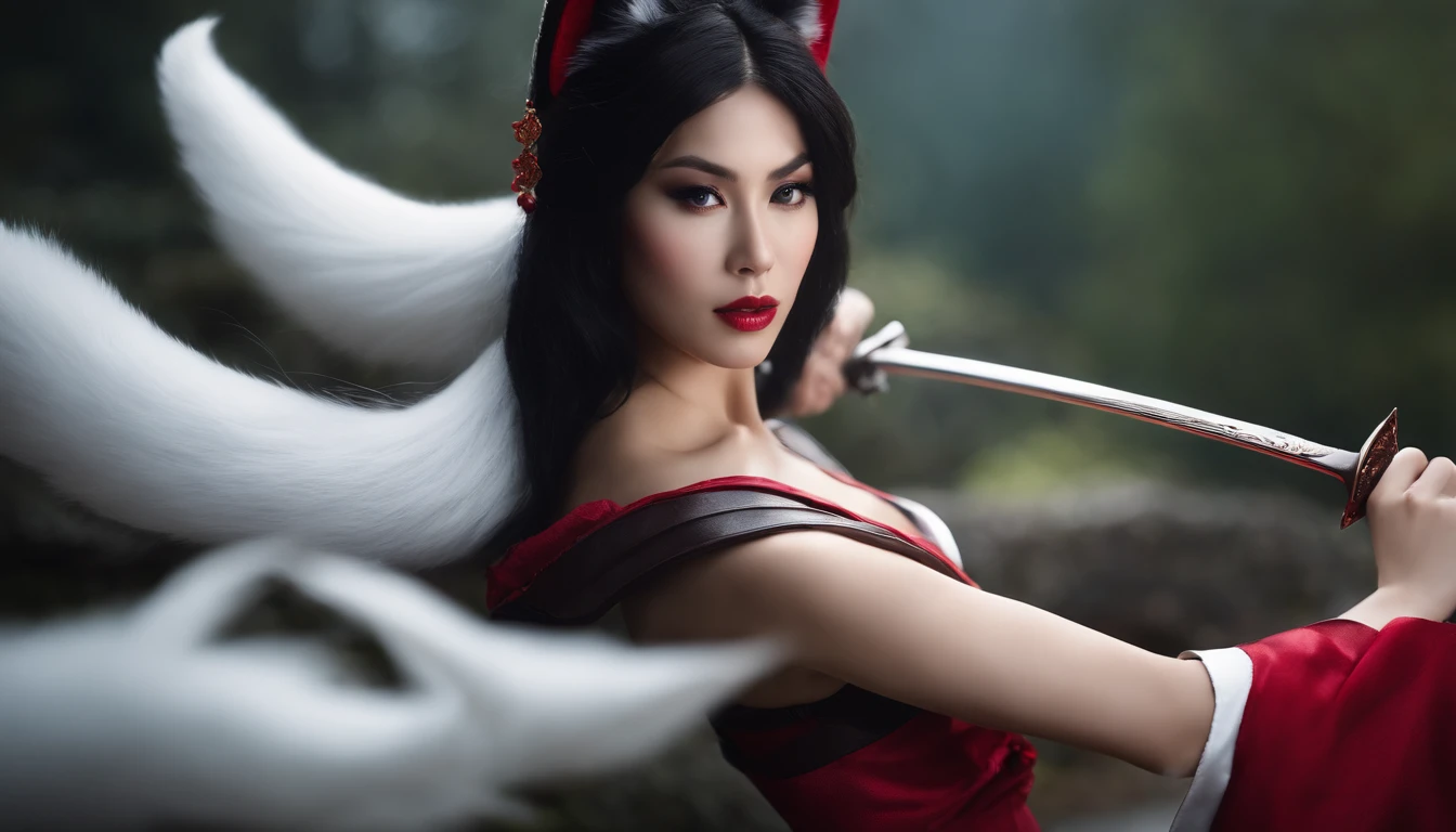 Ahri de League of Legends, foto do corpo todo, perfect hands, cabelos pretos e longos, nine white fox tails on the tailbone, orelhas de raposa pretas, roupa de samurai vermelha, papel de parede, fundo em Iona, rosto sexy oriental