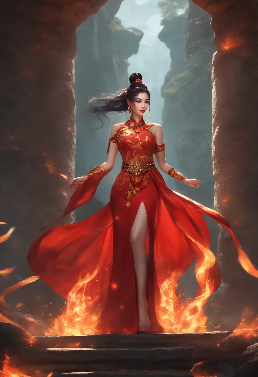 Close-up of a woman in a red dress standing in front of a rock, concept art inspired by Du Qiong, Trend of CGsociety, Fantasy art, full-body xianxia, appears as the fire goddess, zhongli from genshin impact, Keqing from Genshin Impact, maya ali as a lightning mage, ne zha from smite