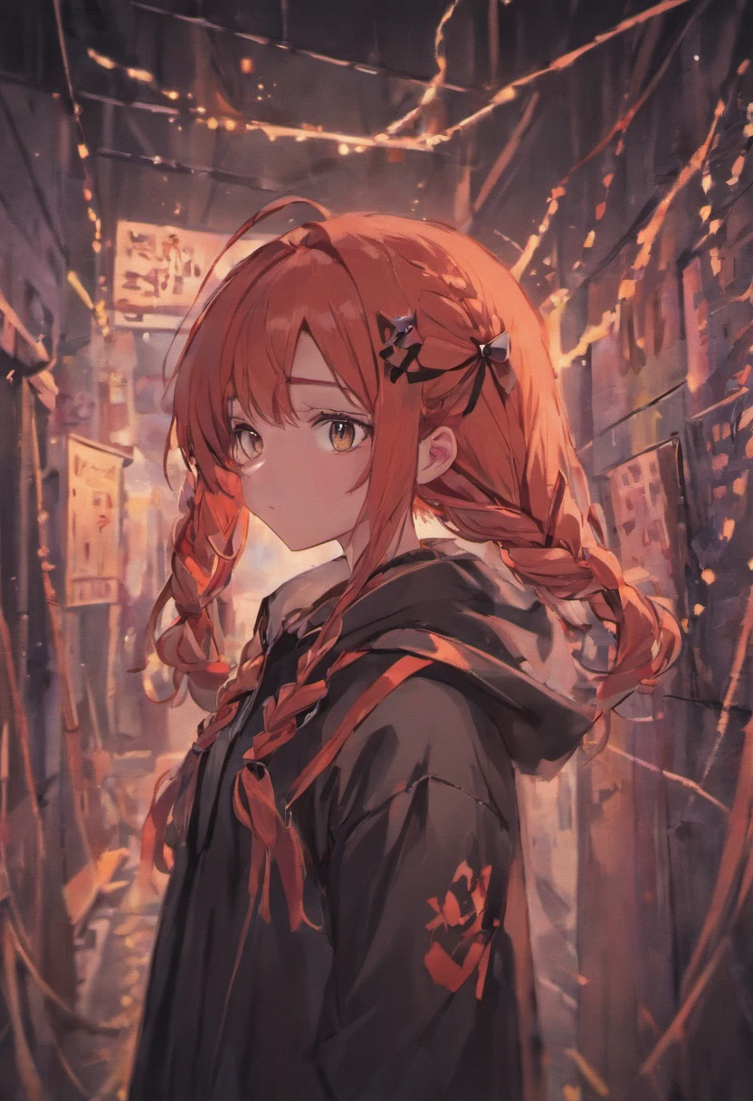Black eyes、Girl with outside splash with braids above the ears、red and black hair、black ribbon、Wearing a Y-shirt、thin ribbon at chest,、chalk board、Female protagonist、parka