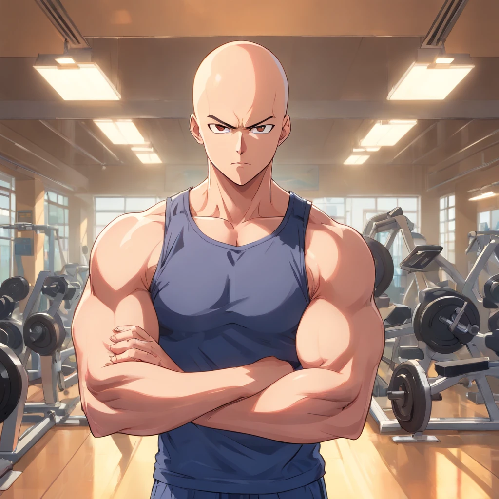 Saitama ((careca)), Um homem de soco, masculino, Working out intensely in a bodybuilding gym, Well-defined and detailed muscles,