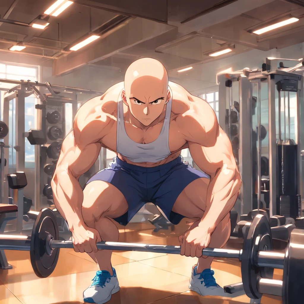 Saitama ((careca)), Um homem de soco, masculino, Working out intensely in a bodybuilding gym, Well-defined and detailed muscles,